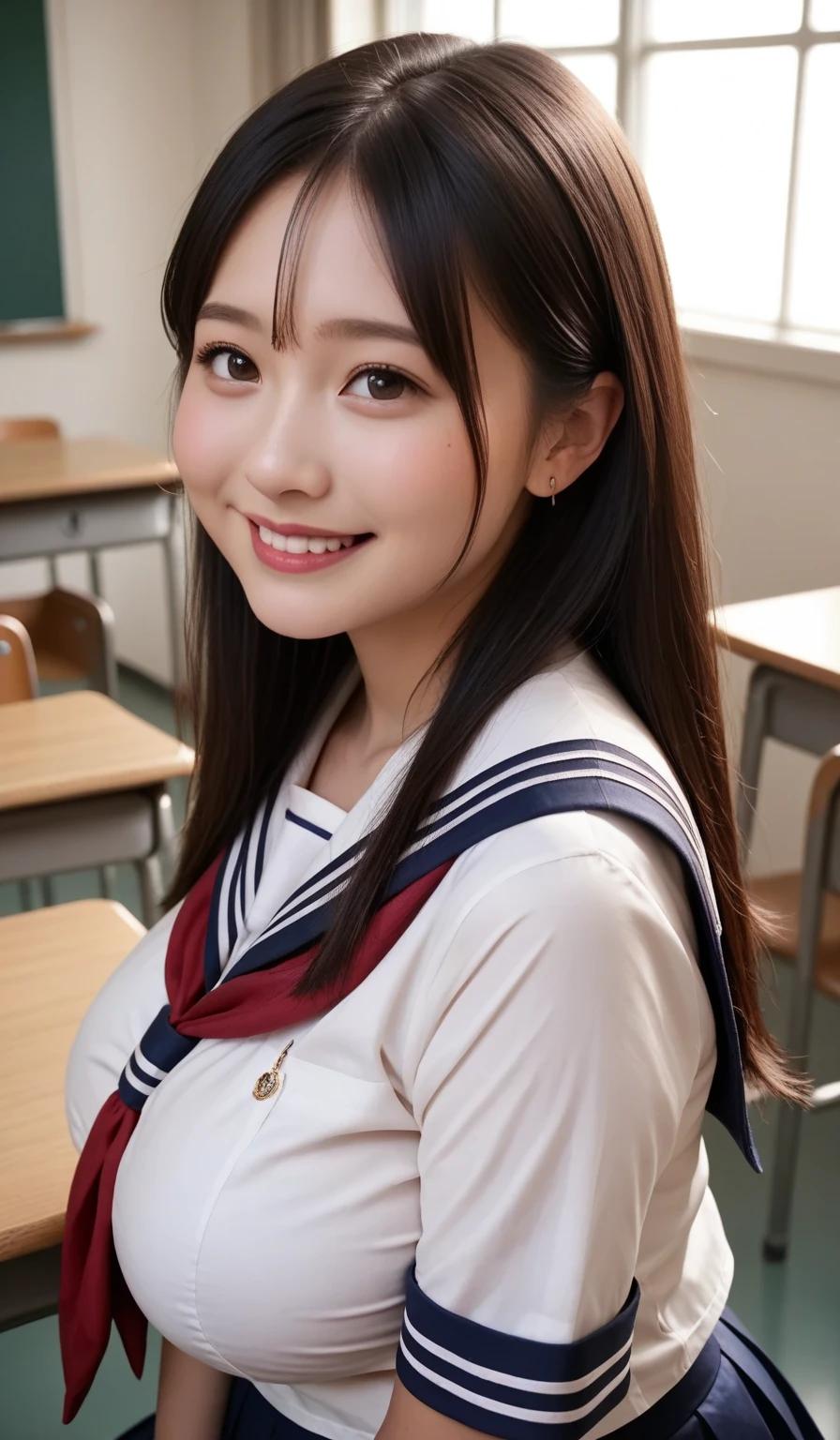 (highest quality,masterpiece:1.3,ultra high resolution),(Super detailed、caustics) (Photoreal:1.4, RAW shooting、)ultra-realistic capture、very detailed、natural skin texture、masterpiece、(junior high school sailor suit:1.3)、1 Japanese girl、adorable expression、expression of happiness、14 years old、young face、surprisingly cute、twin tails、curly hair、black hair、Scrunchie、light makeup、Big breasts that are about to burst、Sit on a chair and open your legs to the left and right、Filmed in a junior high school classroom、Shining thighs、summer sunshine、smile、inviting gaze、White panties