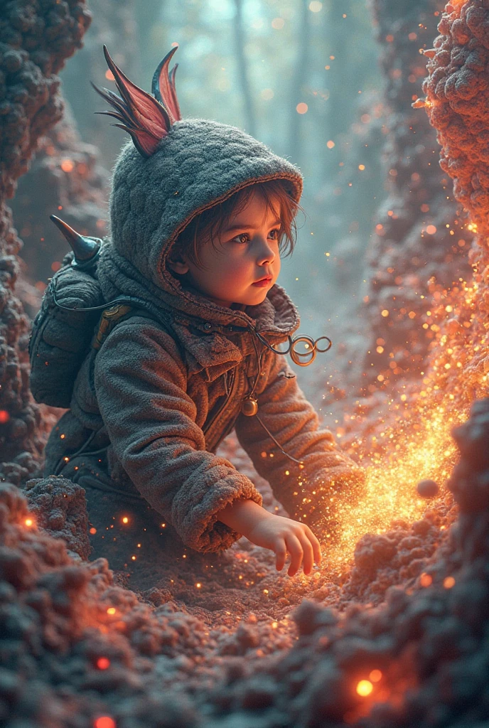 Cute art depicting cute Dikki as a little baby wizard, Surrounded by bubbles of fire , Digital Art, Intricate details, Trend Art Station, Cinematic