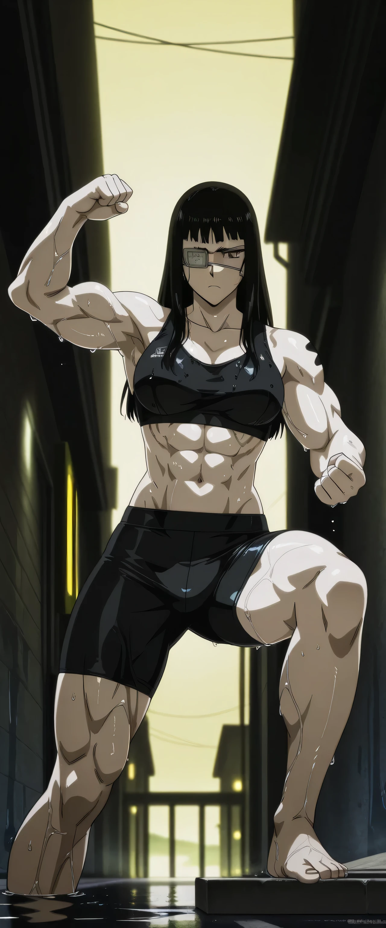1girl,solo,mm,mature female,black hair,eyepatch,brown eyes,medium breasts,anime coloring,long hair,
muscular,black tight sport bra and black tight sport Elastic shorts underwear,cowboy shot, , wet,in street, tattoo, 
,masterpiece,best quality,amazing quality,,muscles and,muscles lines,muscles big size,pelvis muscles,strength muscles looking,dynamic air,Valmet handsome face,Shining abs and shoulders,eight-pack,iron muscles,,Barefoot, sporting attractiveness sexual attractiveness ,sexual muscles,Serious face, Valmet tall body,yellow light in room,in night,too wet,standing in fighting pose,Valmet have a penis inside her underwear,Bulge between valmet legs indicates she have a tall not erect penis,Valmet muscles designed indicates that Valmet has a high  physical sexual activity,fits in fighting pose,legs open in fighting pose,