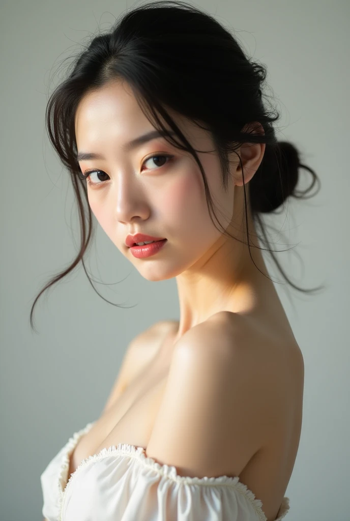 A nude Japanese woman in natural light、Chest close-up and calm expression.、It represents her inner peace and outer charm..。