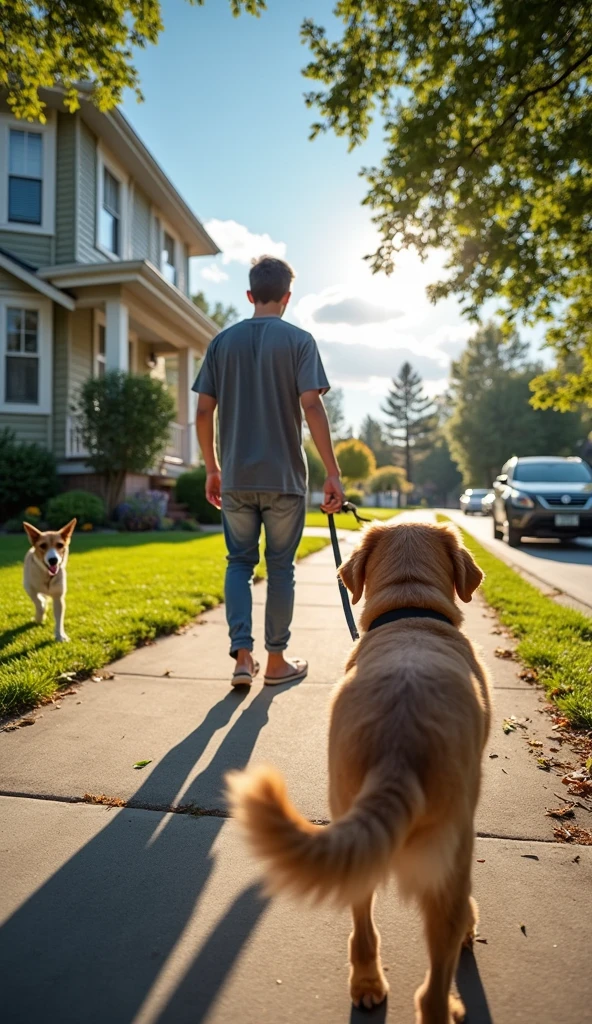 POV of a boy walking on a quiet sidewalk in the neighborhood on a sunny day, holding his dog's collar. The image captures only your firm hand on the leather collar, while the dog , Get excited ahead, With my tongue out and my tail wagging. Sunlight creates natural reflections on dog hair and green leaves on trees Around. The concrete sidewalk is partially shaded by trees, with some fallen leaves. Ao fundo, houses with well-kept gardens and parked cars add a touch of urban life, while the blue sky with few clouds gives a pleasant and welcoming tone to the scene.