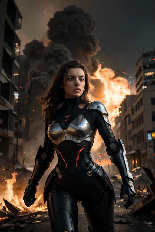 Photorealistic、High definition、high resolution、Super Heroine、Torn Suit、Bodysuits、A face contorted in pain、X-shaped attachment、City in Ruins、Absolute desperation、Crucifixion
