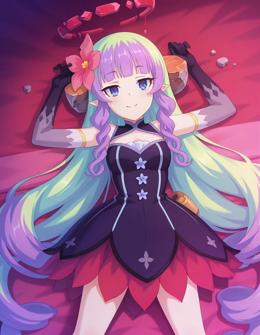 anime screencap, masterpiece, drill sidelocks, blunt bangs, multicolored hair, very long hair, blue eyes, red pupils, pointy ears, hair flower, hair ornament, broken halo, bare shoulders, cleavage cutout, elbow gloves, high quality, solo, lying, on back, arms up, legs apart, closed mouth, on bed, from above, three-quarter portrait, looking at viewer, smile, best quality,