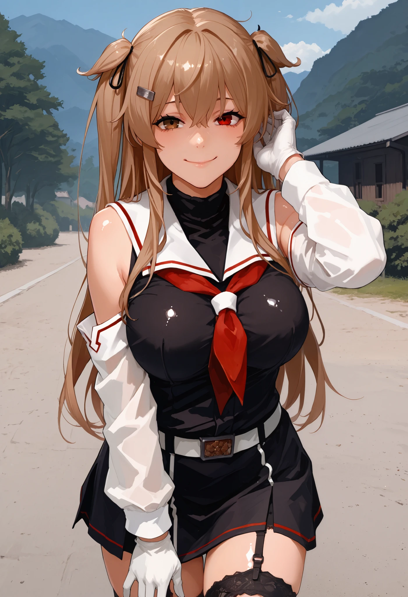 Murasamekai2kc, kantai collection,score_9, score_8_up, score_7_up, source_anime, 1 girl , (masterpiece) , bigger breasts, Official Art, detachable white sleeves ,, kantai collection,1 girl , (masterpiece) , best quality , high resolution , Murasame Kaiji Fleet Collection , long hair , (ツーサイドup) , hair flap , hair clip ,, , heterochromia , Red Eyes , brown eyes , white sailor color , red neckerchief , black shirt, white gloves , black skirt , garter belt , smile , outdoor , shiny skin,