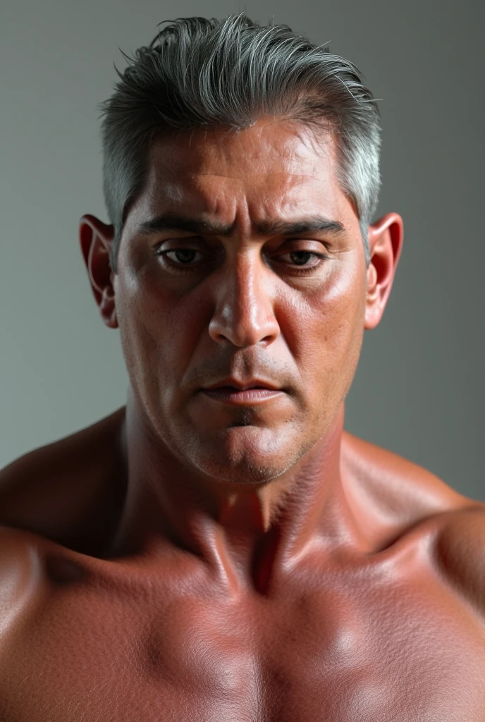 (masterpiece, intricately detailed, highest resolution, best quality:1.2),a cocky Iranian Ambassador male model,a 80 y.o muscle dad with a muscular physique sitting on a chair with black eyes,dark-skinned male, huge beard, mutton- chops, wearing chest harness, bracelets, necklace, jewelry, flaccid penis,saggy balls,hairy chest,vascular,muscle striations,soft light,fantastic realism,