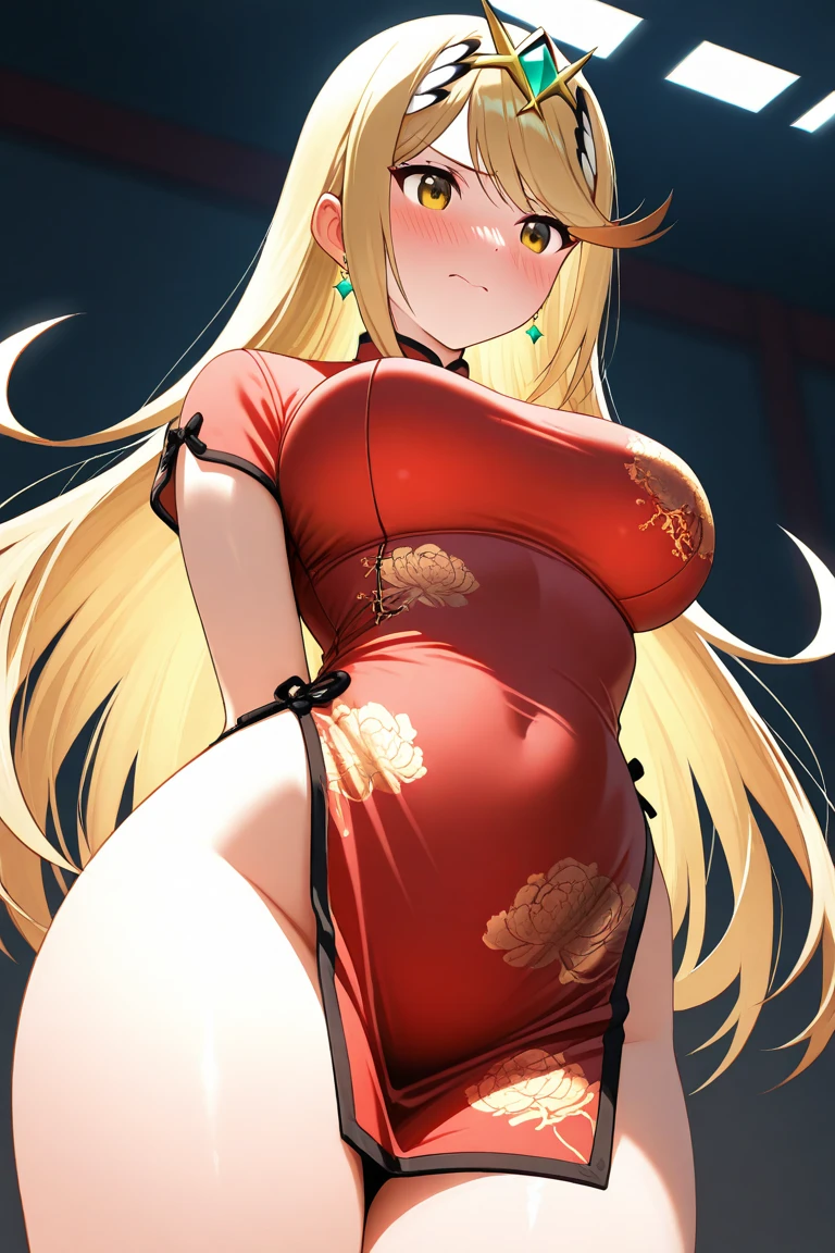 (Highest quality). (Super detailed). (One girl), View the viewer. (Detailed Background). Beautiful and fine details. Delicate and beautiful face. (High saturation), Big breasts, Saggy breasts, Sexy Ao Dai, whole body, Long legs, (((Huge breasts))),Blonde,antakamaki,pregnancy,smile,Big belly,brainwashing,Hypnosis