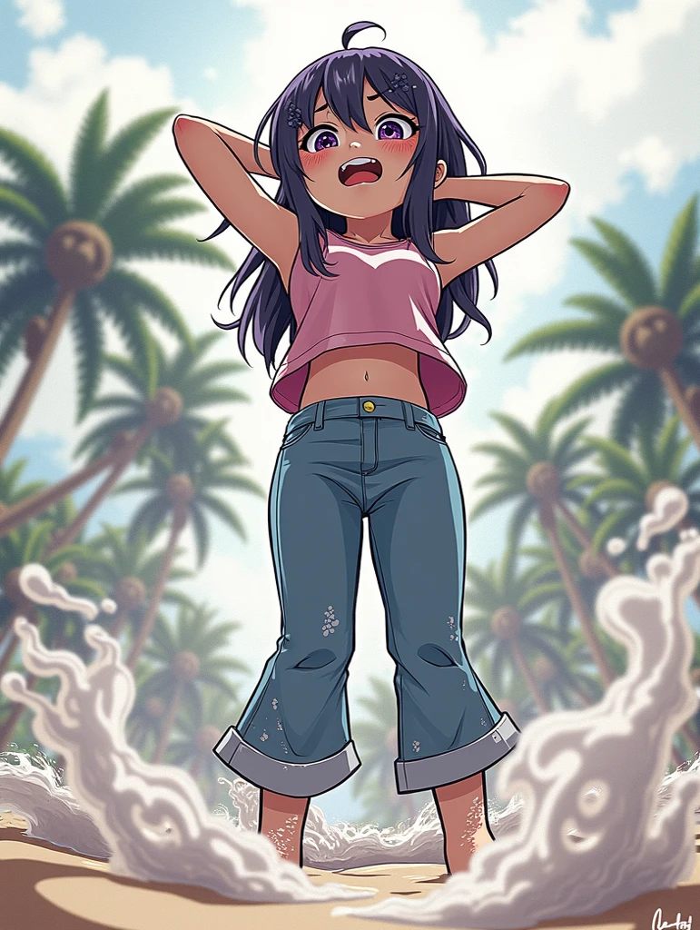 Ronnie Anne, hoodie, shorts, black eyes, ponytail, tanned skin, full body, curvy arms, defined legs, beautiful, pose, in the beach, long socks, curvilinear legs, standing near the water