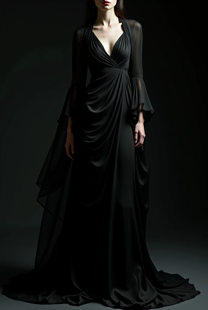 A woman in a black dress and boots poses for a photograph, in a black chiffon layered Robe, dark flowing Robe, Open dress, black reflect Robe, Robe. Extremely high detail, Astral Dress, deep black Robe, wearing dramatic aristocrat Robe, V-shaped clothing with an open neckline, wearing black silk Robe, wearing dark Robe, Wearing a gothic dress, black Robe