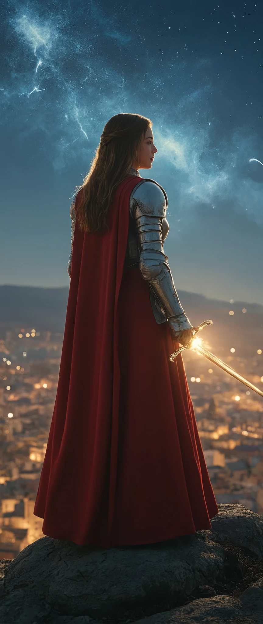 (Representative works、4K resolution、Super Real、very detailed)、(『Knight of the Constellation』theme、Charisma、中世ヨーロッパのcityscapeを見下す位置、Girl at the top of a city、中世ヨーロッパのcityscapeを見下ろす位置に白い鎧と赤い衣装の射手座の騎士、She's a Superhuman Hero)、(20 years old)、(Long Chestnut Hair:1.2)、full body、(Knight Costume)、(battle pose)、Shoot Her Powers)、Legendary sword in the right hand ((European Urban Environment:0.8)|(cityscape、 night view、 DYNAMIC LIGHT )、(Meteor Shower)