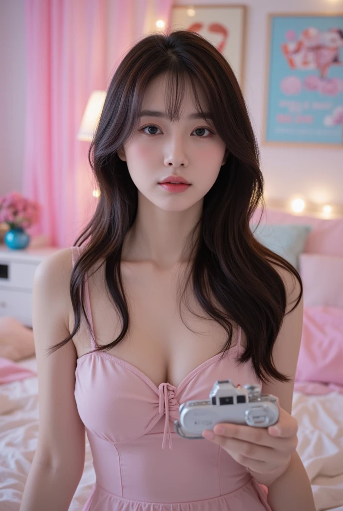 1 Girl,tub,Soft Light,Chinese Beauty,Tight Fit,Pink dress,,Dark-haired,long hair