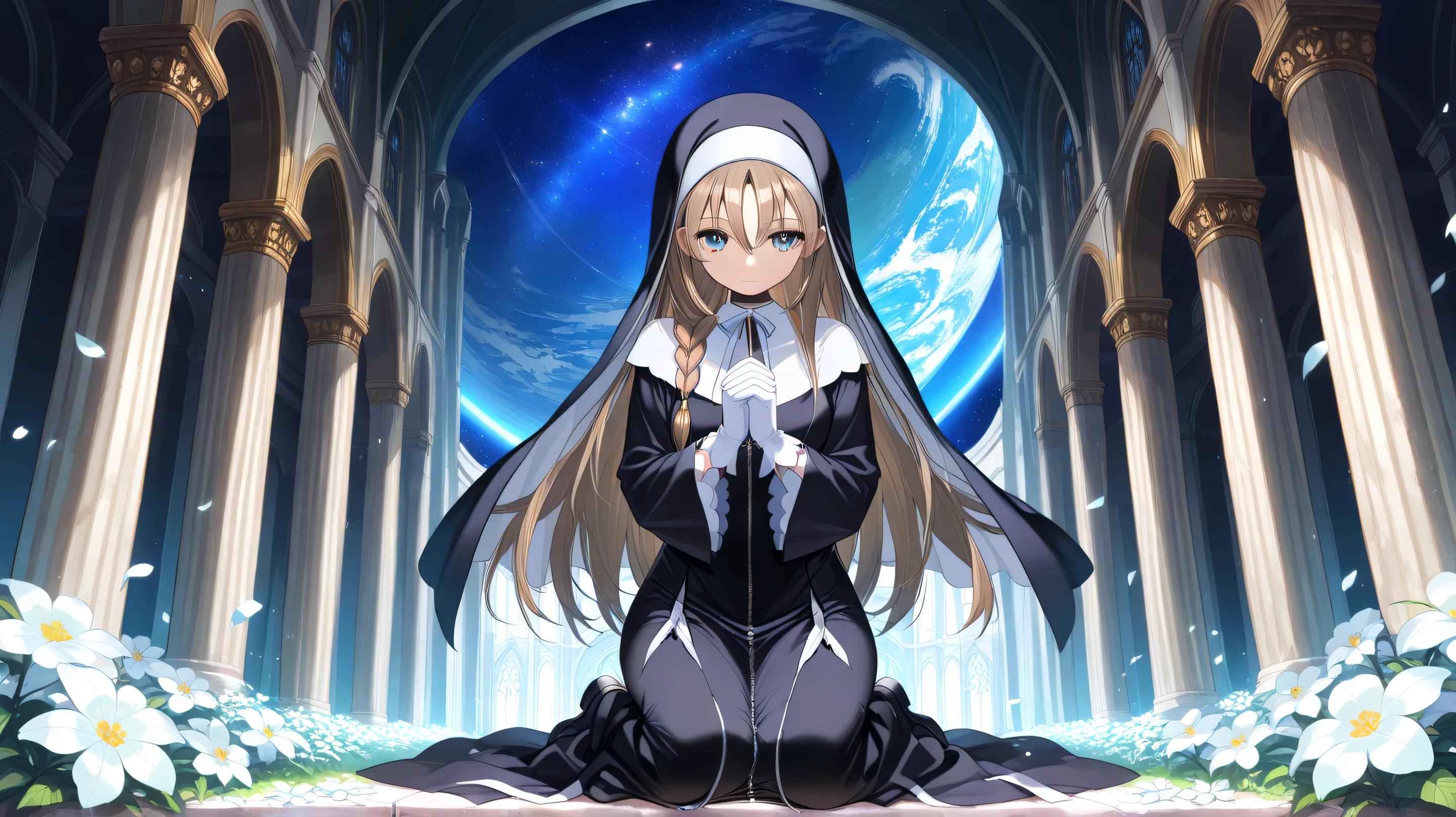 masterpiece, top quality, one woman, solo, long hair, flowers, brown hair, nun, nun's robes, white capelet, neck ribbon, (black dress:1.2), stars \(sky\), long sleeves, white gloves, full length zipper, petals, white flowers, clasping own hands, starry sky, praying, very long hair, long sleeves, bangs, blue eyes, looking at viewer, sky, pillar, indoors, planet, braids, church, embracing, kneeling, hair ornament, hair between eyes, long dress, wide sleeves, holding own hands, nun,