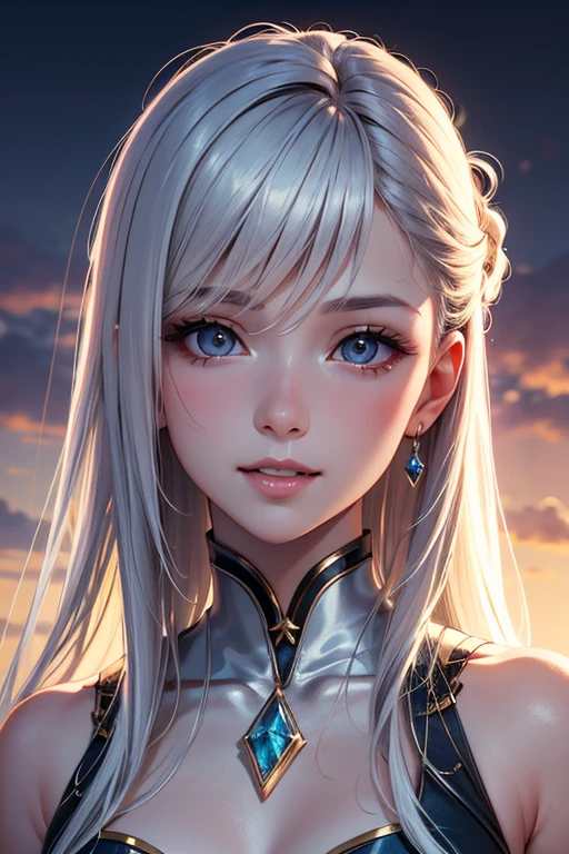 (masterpiece:1.3), (8k, Realistic, RAW Photos, Best image quality: 1.4), Fair-skinned fairy woman、Long Hair、Cleavage:2.0、Highly detailed face、Attention to detail、double eyelid、Chest to chest、Sharp focus:1.2、Beautiful woman:1.4、Silvery white hair、Highest quality、masterpiece、Ultra-high resolution、(Realistic:1.4)、Highly detailed and professionally lit smiles、Loose, Light, futuristic clothing、Shoulder out、thin、Serious expression、Short-haired、Deadly position, Gorgeous Accessories, One person