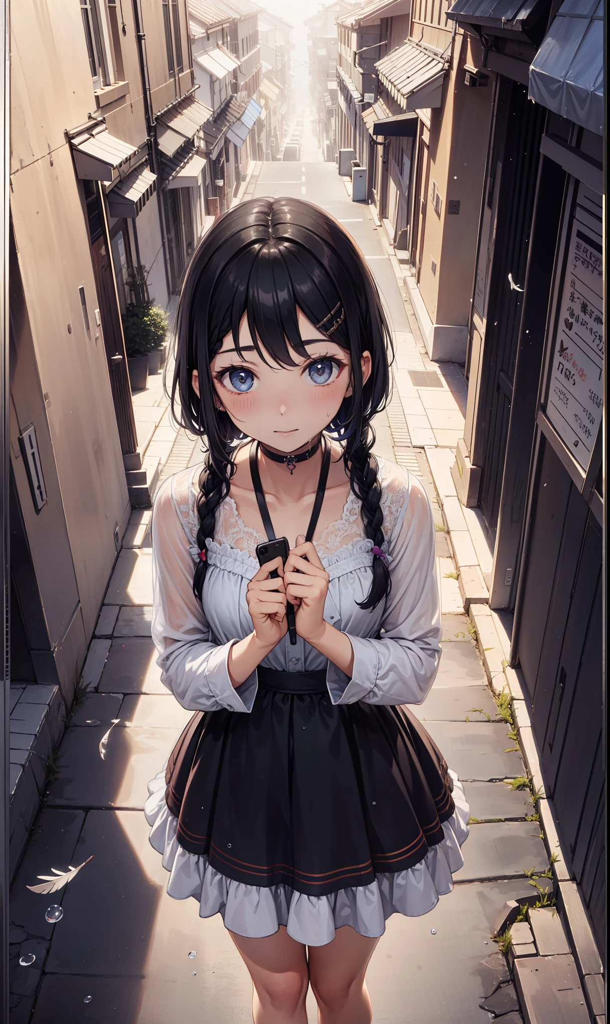 (8K, Best Quality, Masterpiece, Ultra High Resolution) Single Person, 1 Girl, Young, Cute Eyes, Face Details, Pale Skin, Slender, Short, Flat Chest, Dark Black Hair, Long Hair, Pigtails, Blue Eyes, Hair Bow, Dark Alleyway, Best Quality, Upper Body, Looking at the Viewer, Facing Viewer, Close Up