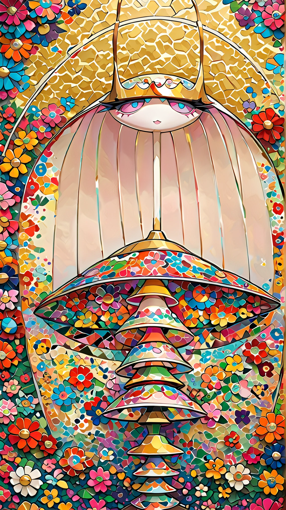 in style of Takashi Murakami,(Pheromosa from Pokemon:1.0), (pheromosa:1.0),(harmony of flower), intricate digital painting, (mechanical flower), highly intricate and colorful, dark but detailed digital art, Highly detailed symmetry, detailed digital artwork, Symmetrical intricate details, plethora of colors,colorful intricate masterpiece,(Geometric pattern background:1.5),frontage、Sticker style,((over view)),(portrait),((Flower-patterned pheromosa:1.6))