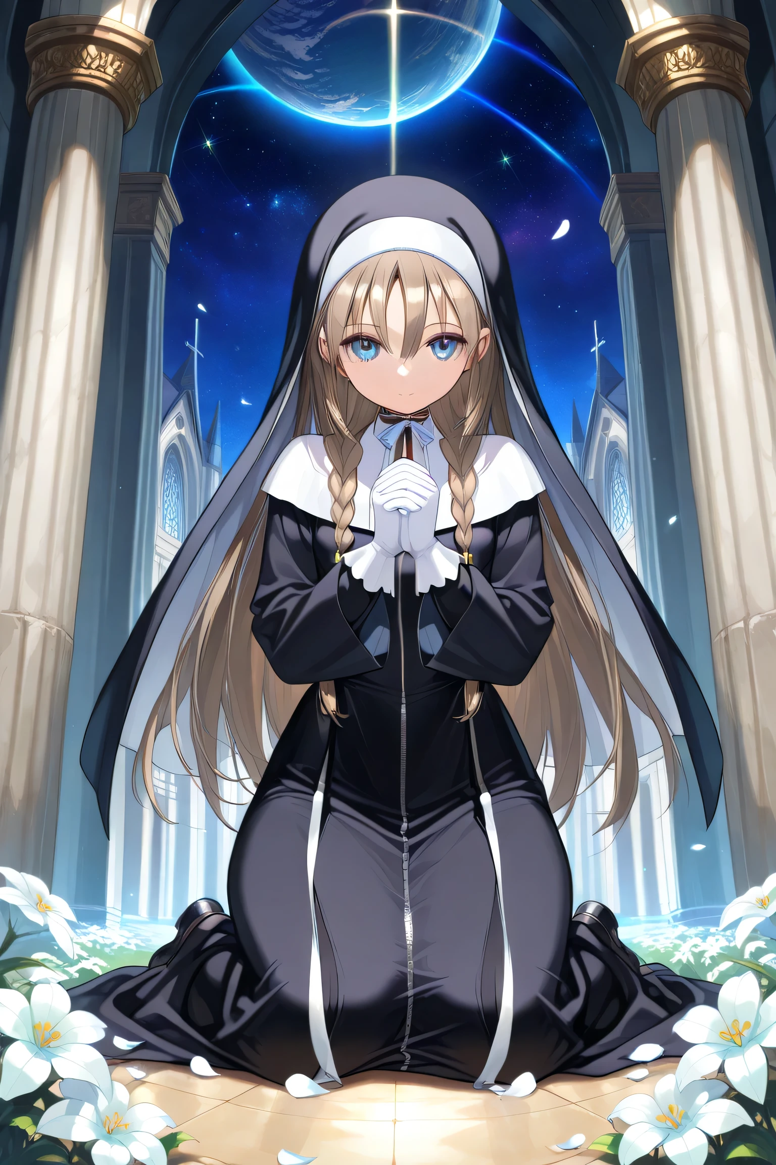 masterpiece, top quality, one woman, solo, long hair, flowers, brown hair, nun, nun's robes, white capelet, neck ribbon, (black dress:1.2), stars \(sky\), long sleeves, white gloves, full length zipper, petals, white flowers, clasping own hands, starry sky, praying, very long hair, long sleeves, bangs, blue eyes, looking at viewer, sky, pillar, indoors, planet, braids, church, embracing, kneeling, hair ornament, hair between eyes, long dress, wide sleeves, holding own hands, nun,