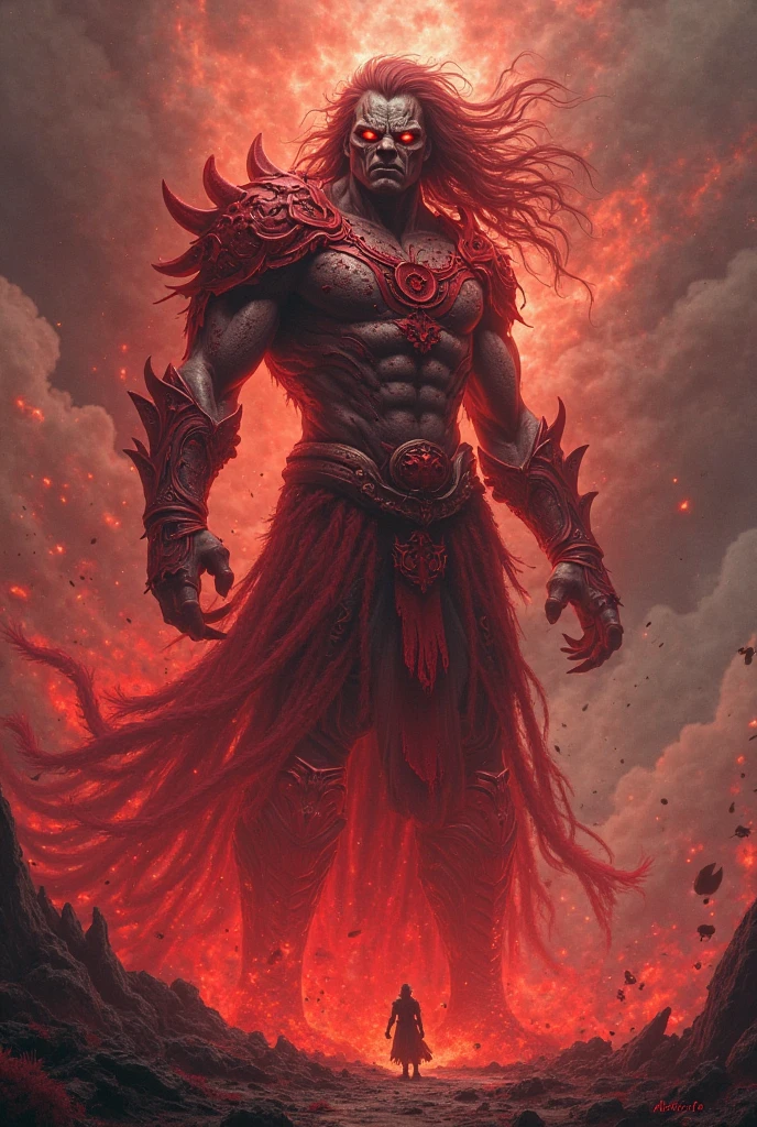 Ultra-high-definition, award-winning dark fantasy artwork featuring a surreal and eerie landscape in 4K resolution. The layout is vertical, with a central figure standing tall in the background, holding two intricately detailed swords. The figure has a skeletally accurate face and is draped in a meticulously textured, tattered, and flowing garment. The sky is a vivid, ominous red with a bright, glowing sun. The ground is cracked and barren, with a river of blood-red liquid flowing towards the foreground. In the foreground, there is a grotesque, anatomically correct, partially decomposed humanoid figure with exposed muscles and tendrils, lying on the ground, showcasing extraordinary texture and detail in its skin. The overall color palette is dominated by dark tones and shades of red, creating a haunting and unsettling atmosphere.