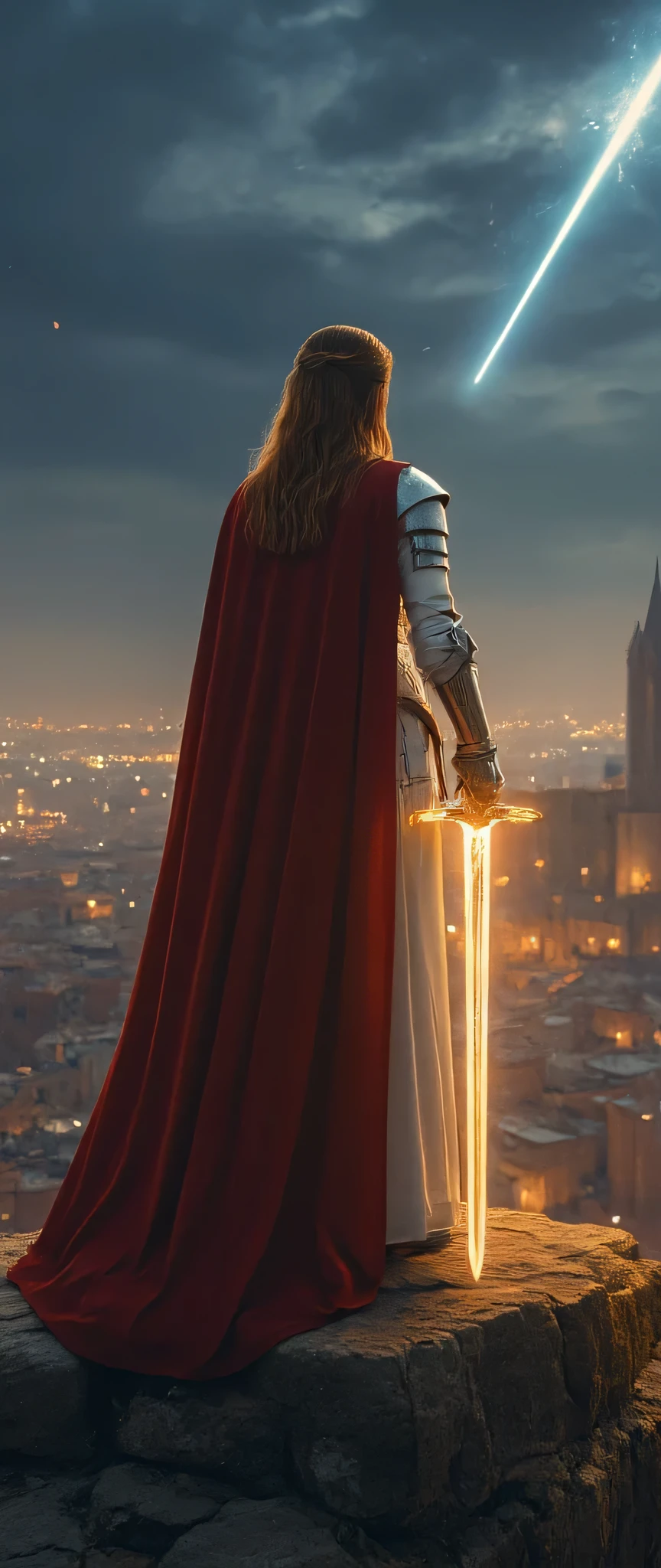 (Representative works、4K resolution、Super Real、very detailed)、(『Knight of the Constellation』theme、Charisma、中世ヨーロッパのcityscapeを見下す位置、Girl at the top of a city、中世ヨーロッパのcityscapeを見下ろす位置に白い鎧と赤い衣装の射手座の騎士、She's a Superhuman Hero)、(20 years old)、(Long Chestnut Hair:1.2)、full body、(Knight Costume)、(battle pose)、Shoot Her Powers)、Legendary sword in the right hand ((European Urban Environment:0.8)|(cityscape、 night view、 DYNAMIC LIGHT )、(Meteor Shower)