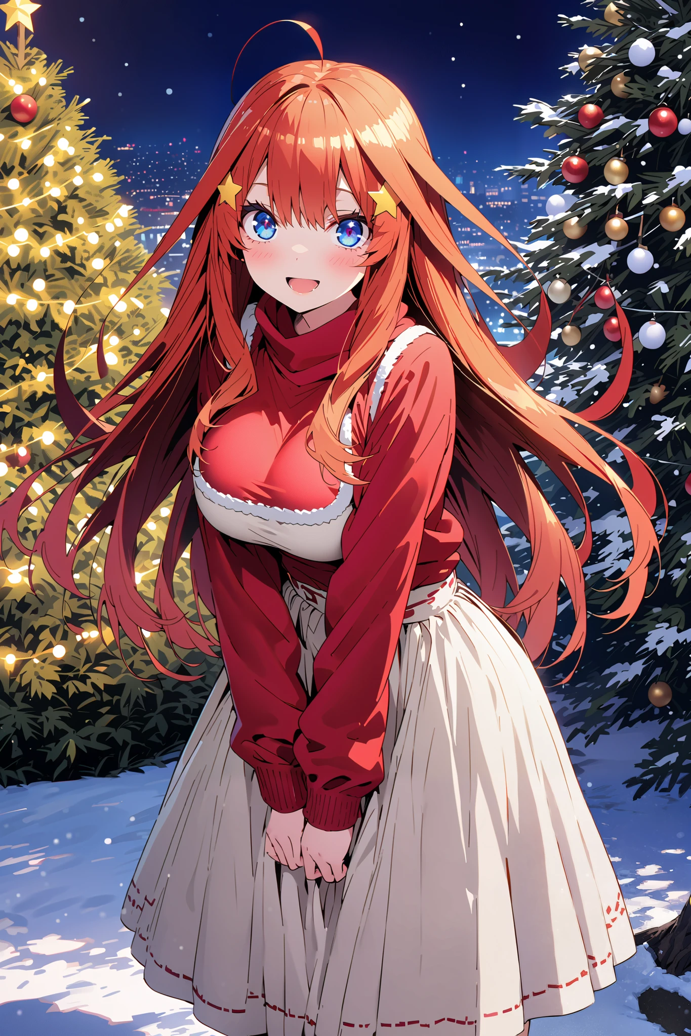 score_9, score_8_up, score_7_up, source_anime, Nakano Mizuki , long hair, blue eyes, hair ornament, red hair, long hair,stupid hair,yellow star ( symbol ), yellow star hair ornament, Big Breasts,smile,cover,opens her mouth,Red hoodie, white long skirt,boots,Snow standing in front of a Christmas tree,winter,Beautiful snow scene,cityscape,illumination, white Christmas ,full bodyがillustrationsに入るように,break outdoors,garden,
break looking at viewer,full body,
break (masterpiece:1.2), Top Quality, high resolution, Unity 8k 壁紙, (illustrations:0.8), (beautiful detailed eyes:1.6), very detailed face, so that it fits into the illustration, extremely detailed CG,full body写真, (Perfect Hand, perfect anatomy),