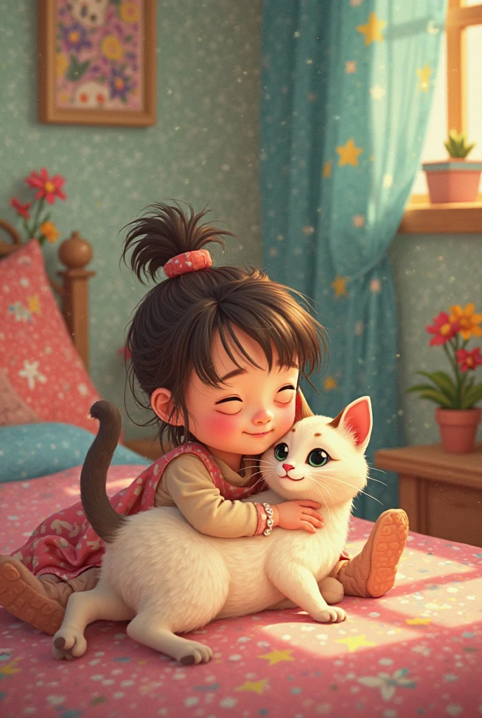 A 5 year old girl playing with a beautiful fluffy cat, happiness, happiness offers, Idyllic, magic scene, beautiful room , (Best Quality, 4k, 8k, High resolution, masterpiece:1.2), ultra detailed, (realist, photorealist, fotorrealista:1.37), warm lighting, vibrant colors, soft focus, Fairy tale, dreamer, cozy, adorable, beautiful, Capricious, elegant, charming, sereno, peaceful, innocent, comforter, Imaginative