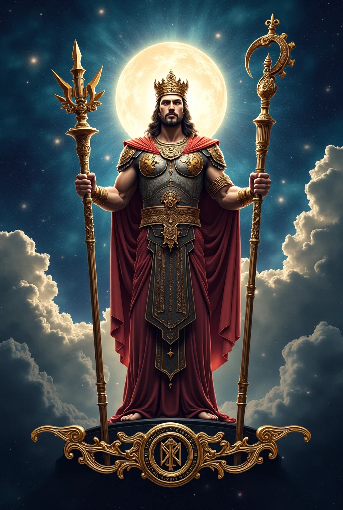 Background:
The background of the image is a starry night sky, with dark clouds swirling around a large figure standing in the center. The moon, partially covered by clouds, illuminates the scene with a pale light, creating an atmosphere of mystery and reverence.
Central Figure:
In the center of the image stands a colossal statue, representing the four empires described in Daniel's vision. The statue has an imposing posture, with its feet firmly planted on the ground and its head looking towards the sky.
Head of Gold (Babylon):
The head of the statue is made of pure gold, shining brightly under the moonlight. The face has an expression of power and authority, with a crown symbolizing the glory of the Babylonian Empire. The gold reflects the splendor and wealth of Babylon, with fine details in the beard and hair showing the skill of ancient craftsmen.
Chest and Arms of Silver (Medo-Persian):
The statue's chest and arms are made of silver, with detailed armor covering the torso. The arms crossed over the chest hold a scale, symbolizing the justice and duality of the Medo-Persian Empire. Silver is less shiny than gold, suggesting diminished glory compared to Babylon, but still powerful and worthy.
Bronze Belly and Thighs (Greece):
The middle part of the statue, from the belly to the thighs, is made of bronze. The bronze has a robust and solid appearance, representing the military strength of the Greek Empire. At the waist, a short sword hangs in its sheath, symbolizing the conquests of Alexander the Great. The musculature of the statue is precisely sculpted, showing the vitality and dynamism of the Greek empire.
Legs of Iron and Feet of Iron and Clay (Rome and its Division):
The statue's legs are made of iron, with armor plates that appear invincible and strong. These legs rest on feet made of a mixture of iron and clay, which appear unstable and fragile compared to the rest of the statue. This contrast symbolizes the initial strength and eventual fragility of th