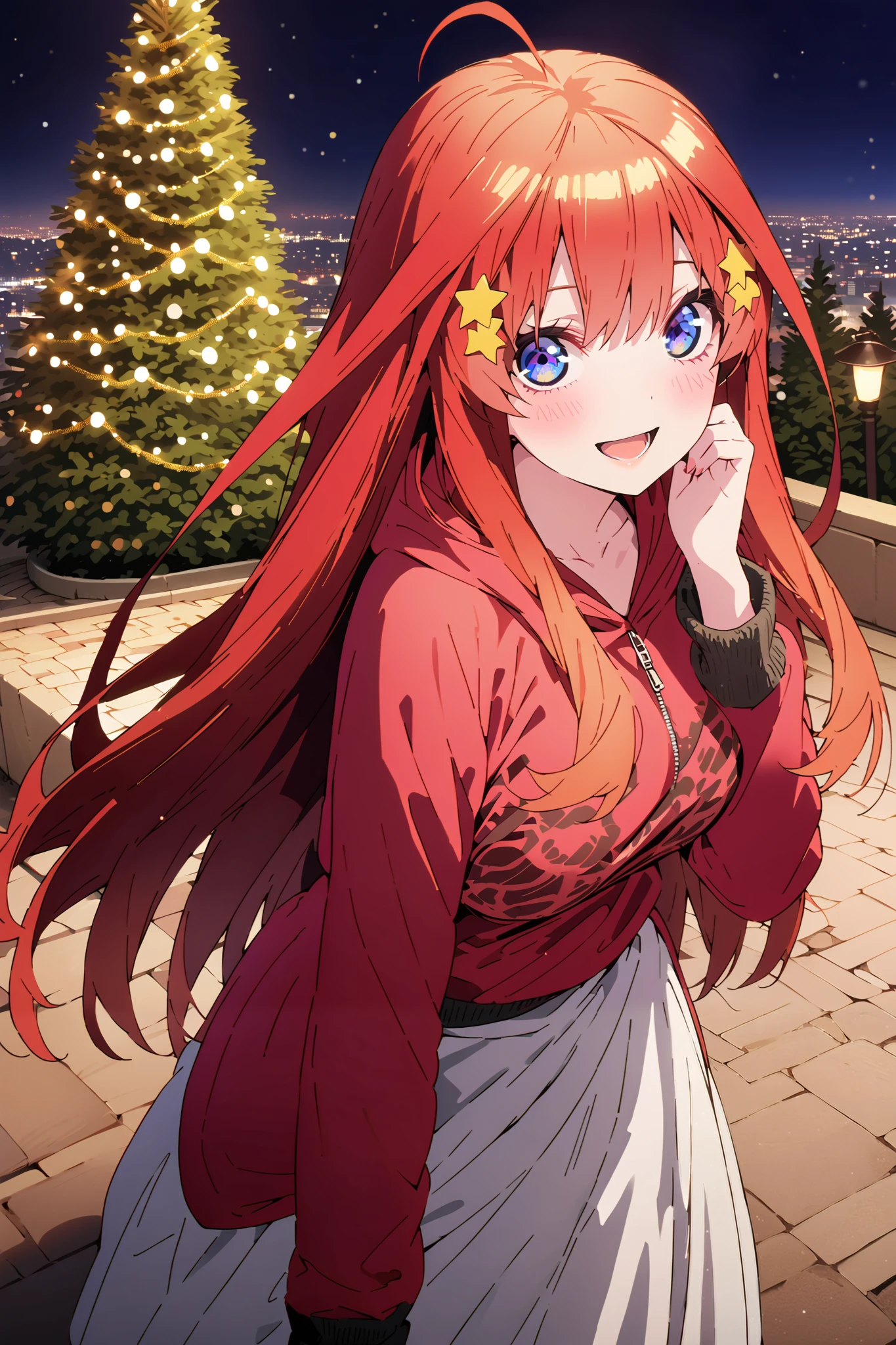 score_9, score_8_up, score_7_up, source_anime, Nakano Mizuki , long hair, blue eyes, hair ornament, red hair, long hair,stupid hair, star (  symbol ), star hair ornament, Big Breasts,smile,cover,opens her mouth,Red hoodie, white long skirt,boots,Snow standing in front of a Christmas tree,winter,Beautiful snow scene,cityscape，illumination, white Christmas ,full bodyがillustrationsに入るように,break outdoors,garden,
break looking at viewer,full body,
break (masterpiece:1.2), Top Quality, high resolution, Unity 8k 壁紙, (illustrations:0.8), (beautiful detailed eyes:1.6), very detailed face,  so that it fits into the illustration, extremely detailed CG,full body写真, (Perfect Hand, perfect anatomy),