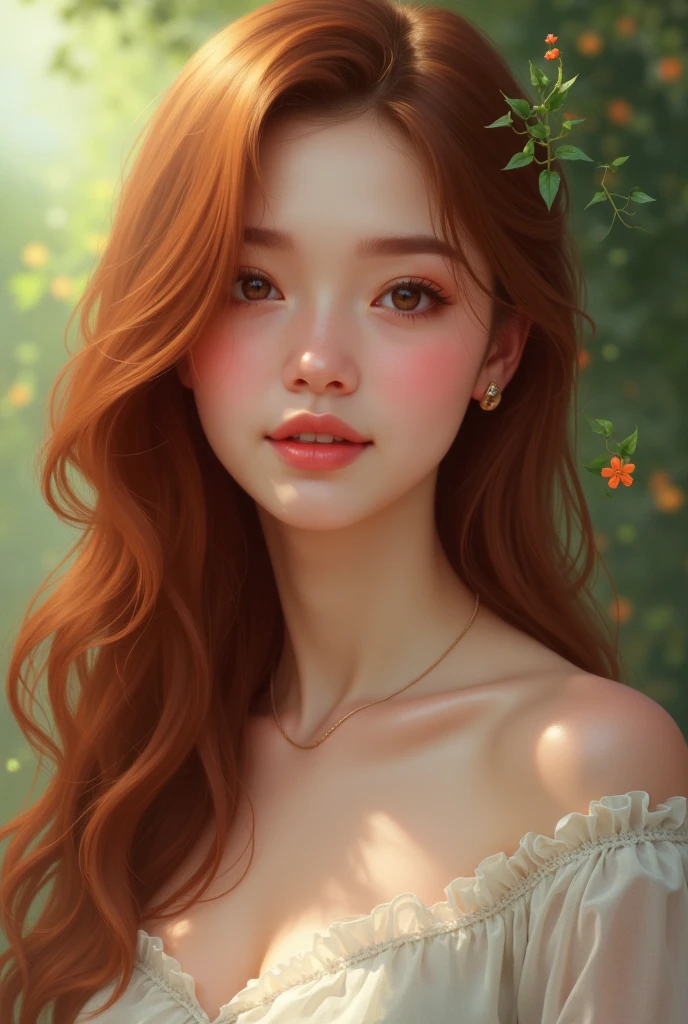 The book cover features a woman with bright red hair., that flow in soft waves to the shoulders. Your skin is extremely clear and delicate, with a porcelain tone that enhances its softness. She displays a gentle and sweet expression, with a subtle smile that conveys an air of serenity and affection.

The woman is dressed in a charming yellow dress, decorated with egg prints that are both delicate and elegant. The prints are artistic and very detailed., with a playful touch, but in a subtle way, adding a unique charm to the dress. The dress has a fluid and light design, with a fit that exudes grace. Details like small bows or refined embroidery add a touch of sophistication to the look..


