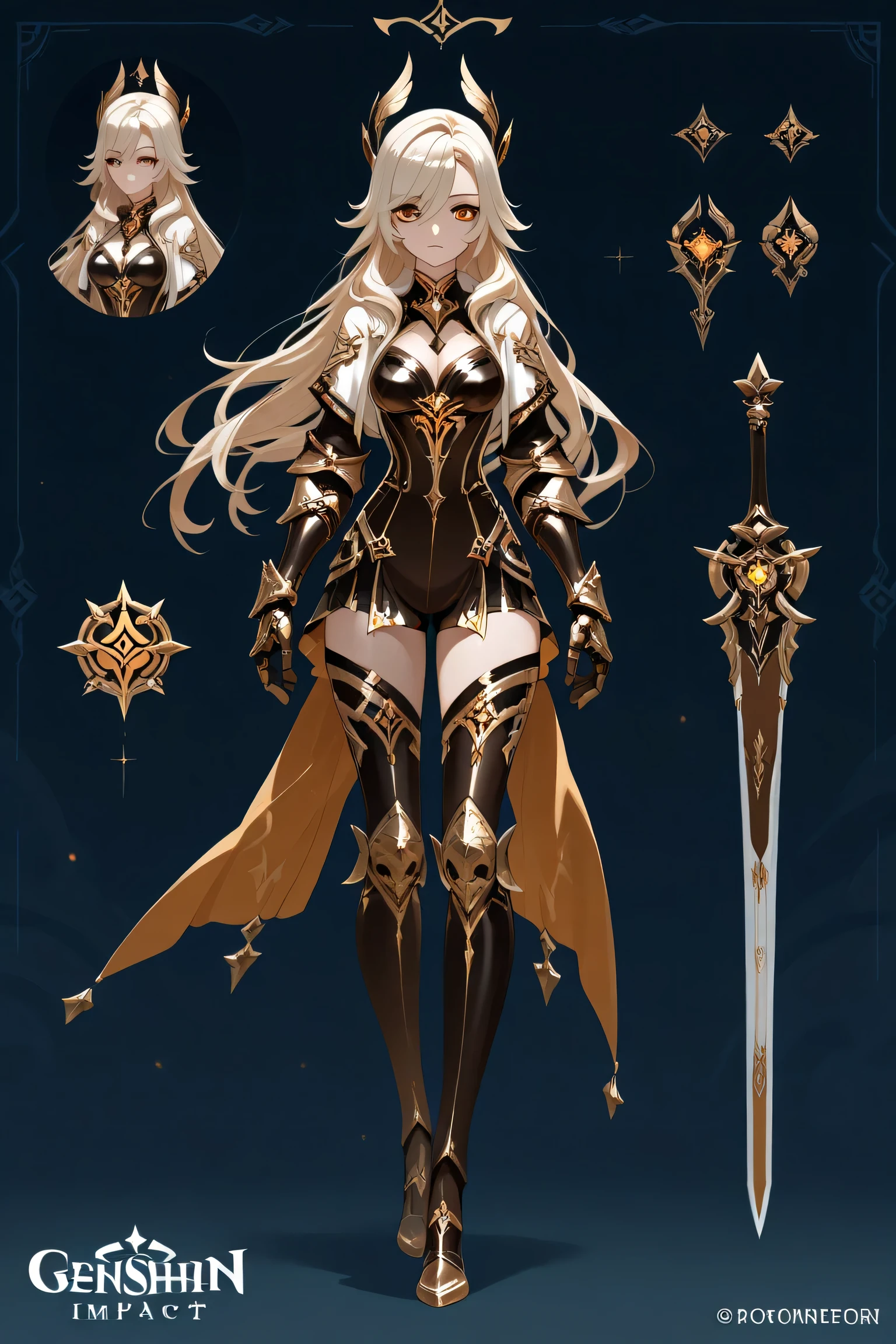 girl,thin,mini ,tall,long legs,long hair,dark,front view,concept art sheet,anime armored art style,armored fantasy,armored genshin impact
