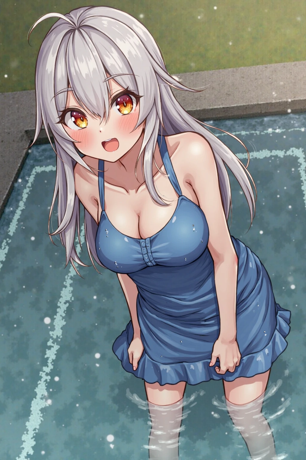 1girl, chloe, dark_skin, long_hair, pink_hair, yellow_eyes, hair_between_eyes, bangs, harf_updo, one_side_up,  from above, (9years old, short stature, Short arms, Short legs), lie on one’s back, lying, spread legs, open legs, perfect ???????, (regulation navy blue one-piece swimsuit), gigantic breasts, huge breasts, large breasts, naughty smile, bed, anime, anime screencap,
