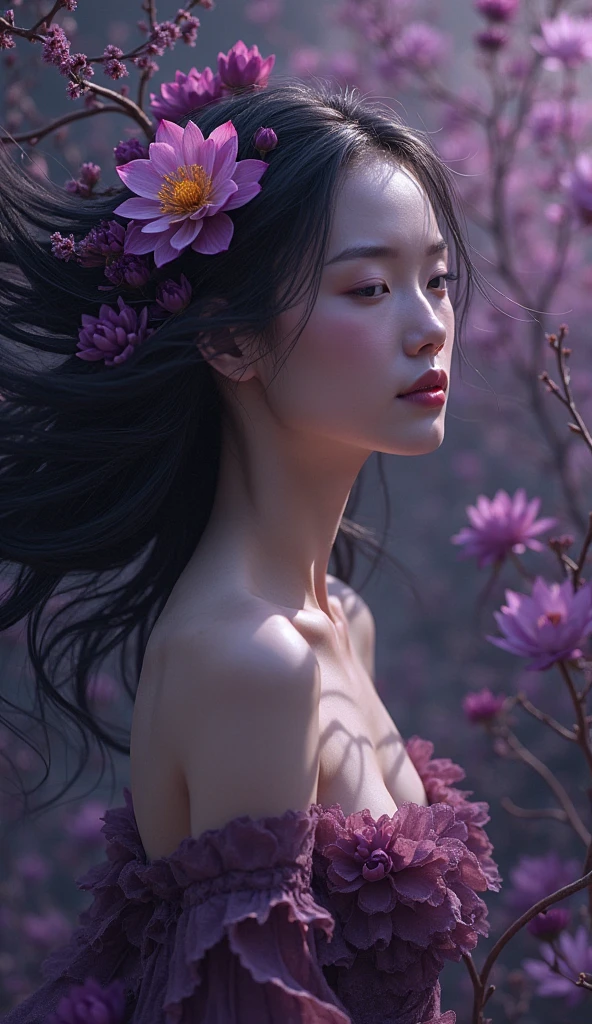 high quality walkers, 8K Ultra HD, Sharp lines  ,sharp focus, การเปิดรับแสงสองครั้งที่สวยงามของ A hyper-realistic Art Nouveau digital photo of a nude goddess of shadows, she smiles cutely, her hair moves like flowing ink, adorned with deep purple lotus flowers and hidden eyes, surrounded by intricate black and dark violet shadowy mist patterns.