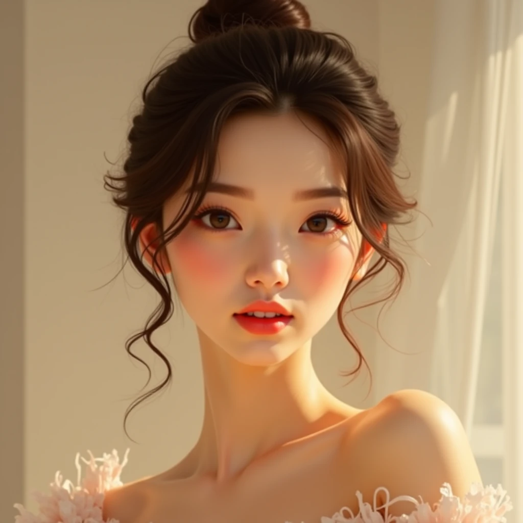 realistic woman in sensual pose on bed, detailed skin texture, beautiful facial features, long eyelashes, glossy lips, delicate fingers, elegant body shape, luxurious silk bedding, soft lighting, cinematic composition, vivid colors, photorealistic, 8k, high quality