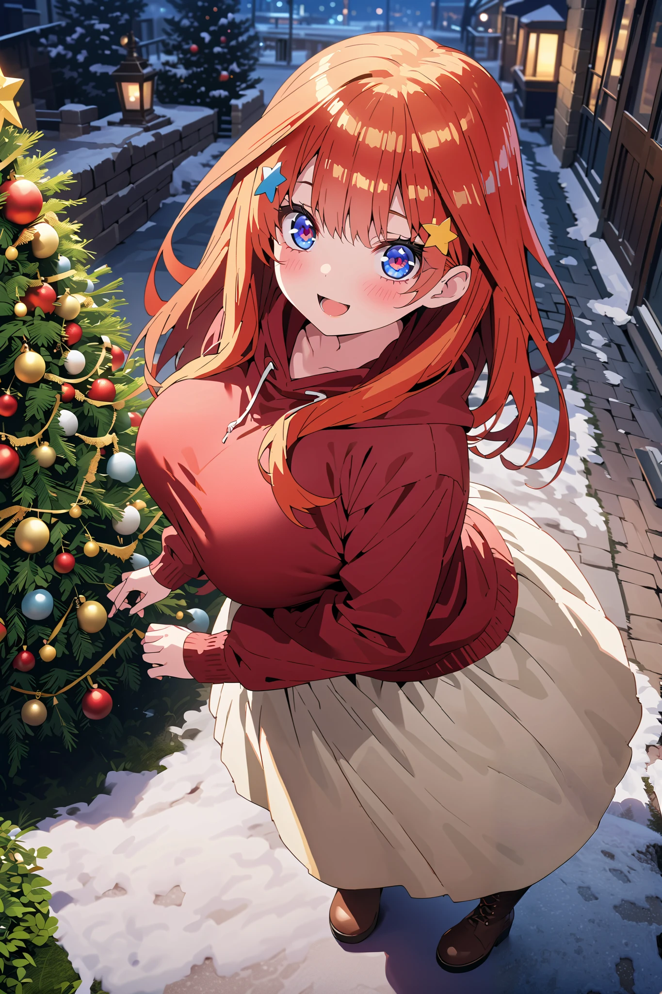 score_9, score_8_up, score_7_up, source_anime, Nakano Mizuki , long hair, blue eyes, hair ornament, red hair, long hair,stupid hair, star ( symbol ), star hair ornament, Big Breasts,smile,cover,opens her mouth,Red hoodie, white long skirt,boots,Snow standing in front of a Christmas tree,winter,Beautiful snow scene,cityscape,illumination, white Christmas ,full bodyがillustrationsに入るように,break outdoors,garden,
break looking at viewer,full body,
break (masterpiece:1.2), Top Quality, high resolution, Unity 8k 壁紙, (illustrations:0.8), (beautiful detailed eyes:1.6), very detailed face, so that it fits into the illustration, extremely detailed CG,full body写真, (Perfect Hand, perfect anatomy),