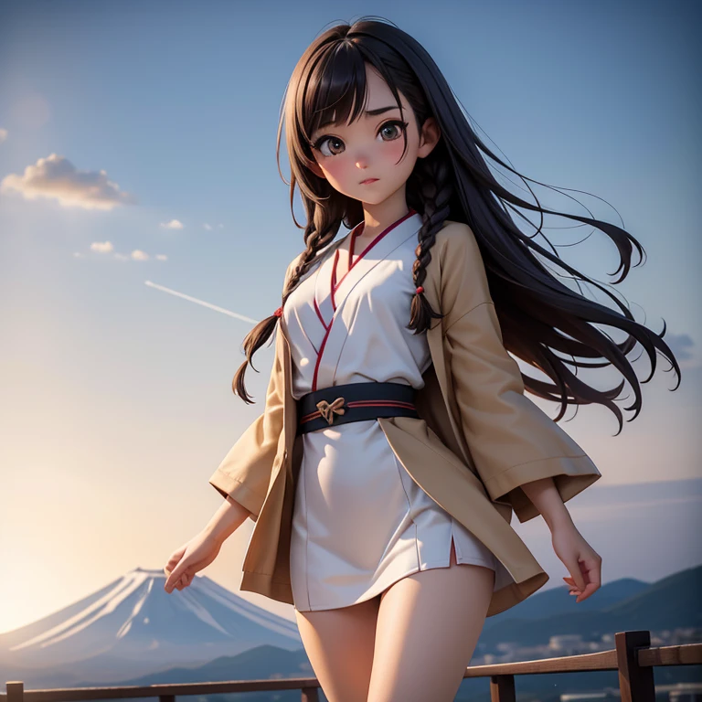 Japanese ager, pretty face, young face, thin chin, bangs, braids, long brown hair, pale skin, very slim, skinny body, straight ???????, flat ???????, small ???????, thin legs, short legs, skinny thighs, wearing a tiny A-line dress, walking, Sunset, Mount Fuji in the background, artwork, detailed setting, cozy setting, pokies, ?????????, cinematic lighting, masterpiece, highly detailed, high definition, detailed scenery, hyperrealistic anime, full body, 135mm lens