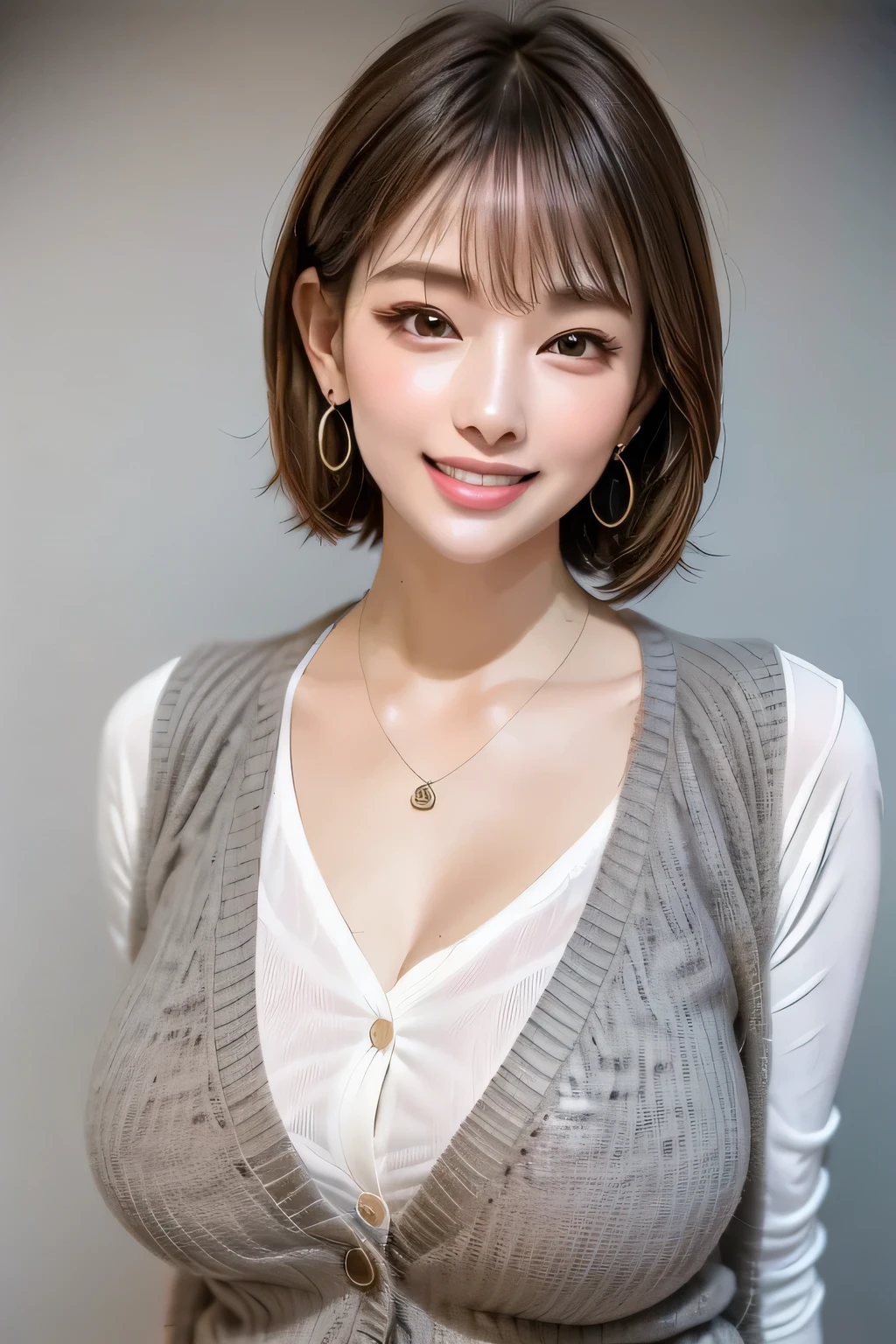 (Top Quality, masterpiece, formal, Key Light:The front is at a 45 degree angle , Auxiliary Light、backlight), accurate human body、Knowledgeable person, (Shine肌, realistic skin texture 、 beautiful skin details 、 Growing Skin 、 Growing Skin ), (Female 1), (Completely:1.2), grin,( shiny clothes with visible wrinkles :1.2), Shine, ( earrings), necklace, Attractive and perfect ratio, Attractive笑顔, fine surface texture , Attractive、 Short hair、 wear a cardigan over a white shirt、 Wear a gray pleated skirt, Big Breasts, ((background: Nothing))