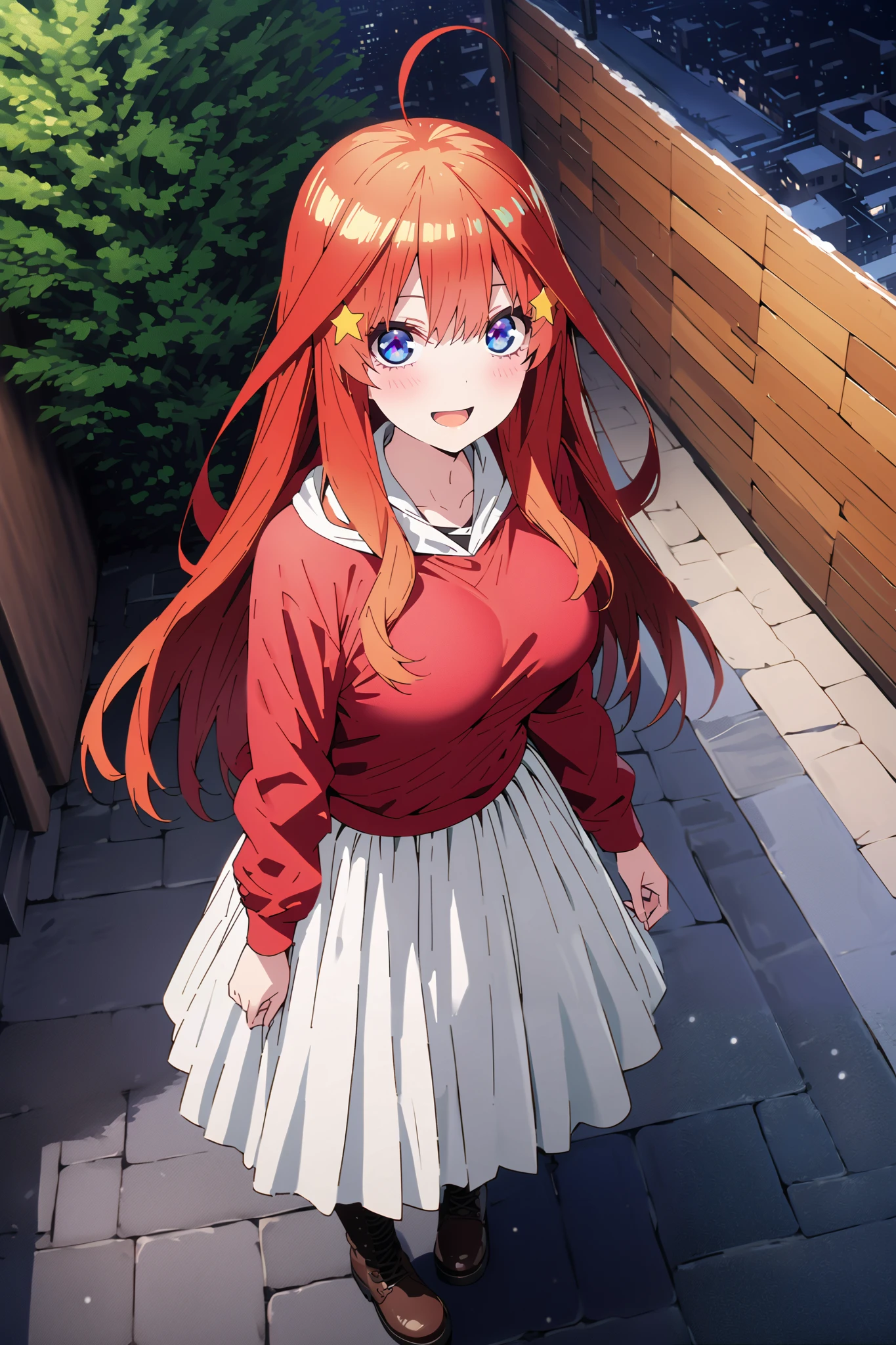 score_9, score_8_up, score_7_up, source_anime, Nakano Mizuki , long hair, blue eyes, hair ornament, red hair, long hair,stupid hair, star ( symbol ), star hair ornament, Big Breasts,smile,cover,opens her mouth,Red hoodie, white long skirt,boots,Snow standing in front of a Christmas tree,winter,Beautiful snow scene,cityscape,illumination, white Christmas ,full bodyがillustrationsに入るように,break outdoors,garden,
break looking at viewer,full body,
break (masterpiece:1.2), Top Quality, high resolution, Unity 8k 壁紙, (illustrations:0.8), (beautiful detailed eyes:1.6), very detailed face, so that it fits into the illustration, extremely detailed CG,full body写真, (Perfect Hand, perfect anatomy),