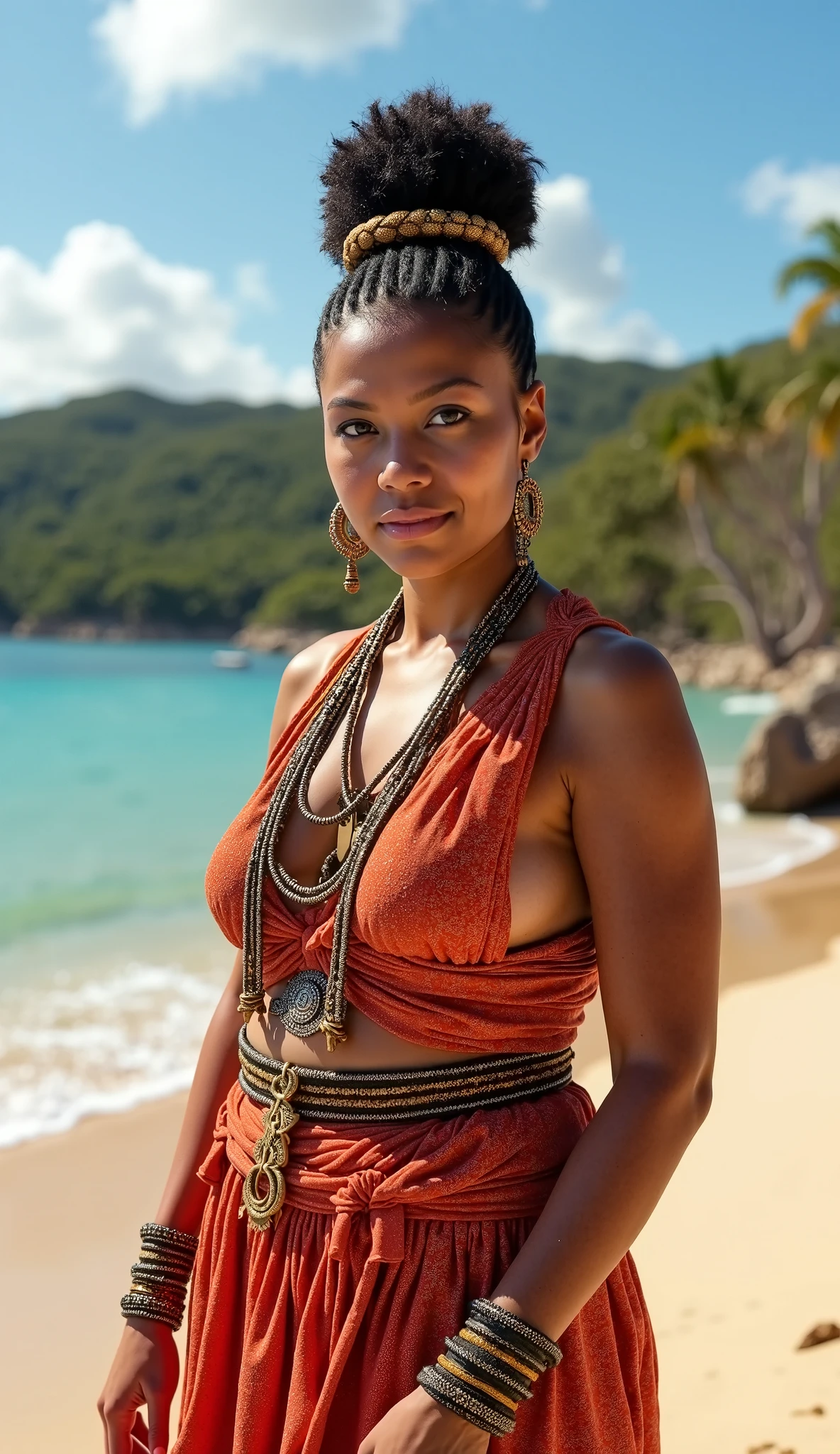 beautiful medieval fantasy warrior woman, 5 foot 7, 22 years old, tanned, very athletic, toned, reddish hair, cornrows, smiling, paint on face, bare shoulders, orange halter, short orange skirt, bronze bracers, hot sunny day, subtropical
