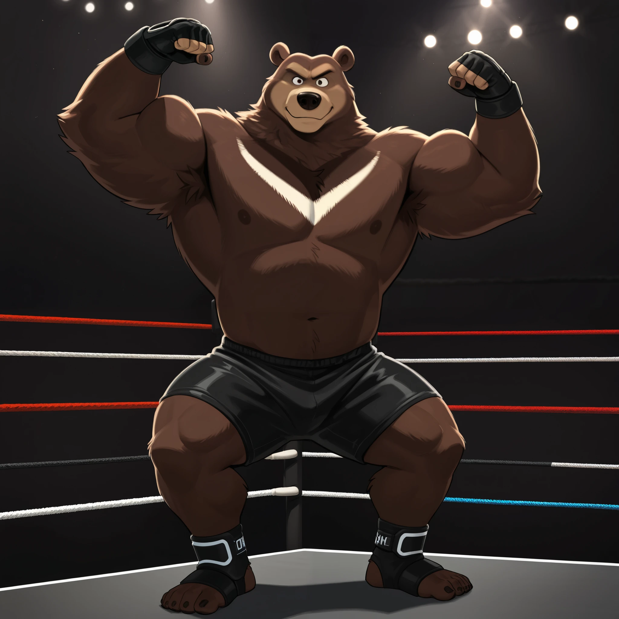 score_9, score_8_up, score_7_up, cartoon_style, ((by BodiPhantom)), 4k, 8k, The best quality, very well drawn, detailed, high quality, detailed, 4k, high resolution, high quality, high resolution, furry character, ursine, BodiPhantom, Himalayan bear, bear, boy, (sexy), thick arms, huge arms, 350lbs, (dark brown fur)), lights, fighting ring, stances, seething, on the caged ring, wearing black MMA shorts with green slits, MMA fingerless gloves with knuckle pads, ankle support brace, putting up his dukes, front view