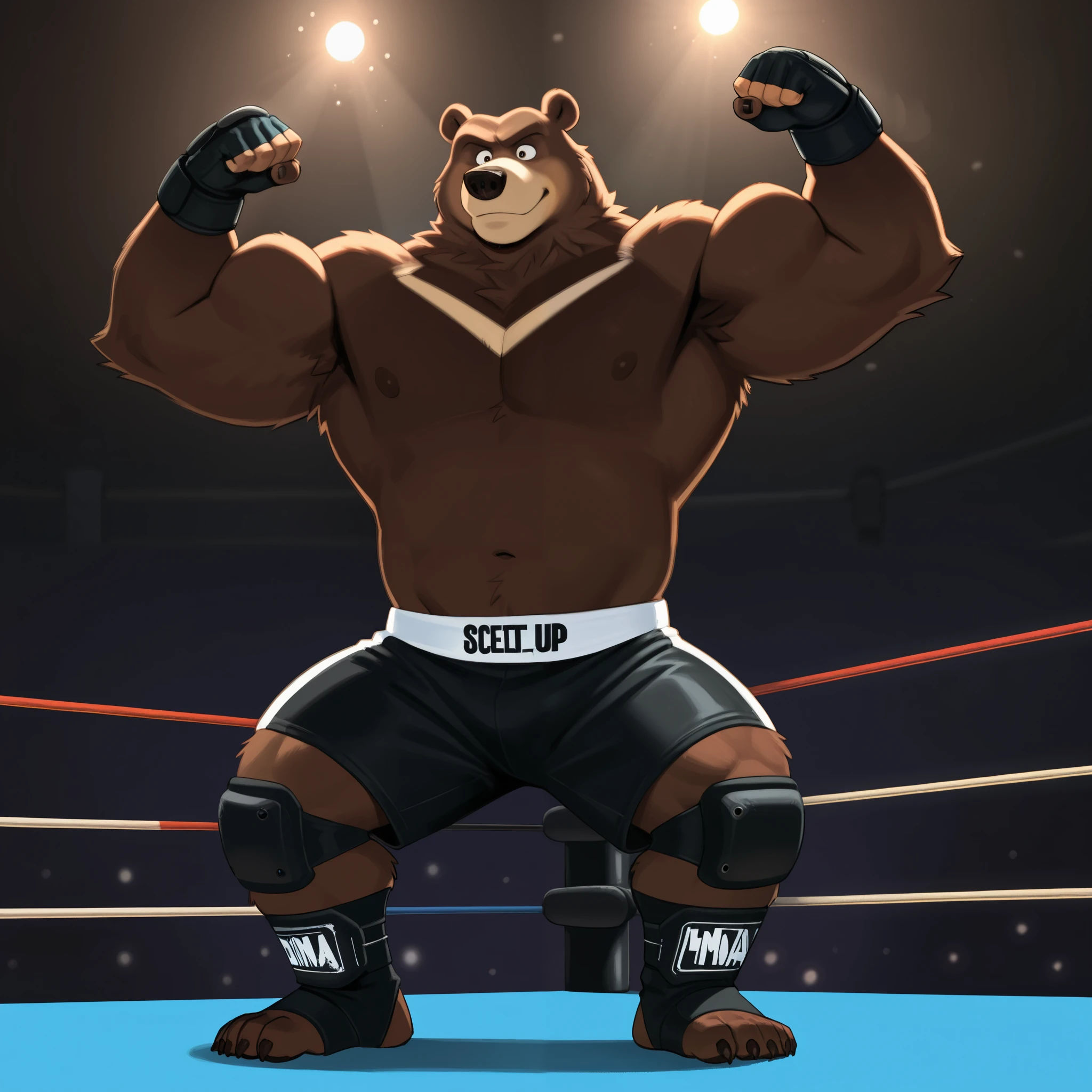 score_9, score_8_up, score_7_up, cartoon_style, ((by BodiPhantom)), 4k, 8k, The best quality, very well drawn, detailed, high quality, detailed, 4k, high resolution, high quality, high resolution, furry character, ursine, BodiPhantom, Himalayan bear, bear, boy, (sexy), thick arms, huge arms, 350lbs, (dark brown fur)), lights, fighting ring, stances, seething, on the caged ring, wearing black MMA shorts with green slits, MMA fingerless gloves with knuckle pads, ankle support brace, putting up his dukes, front view