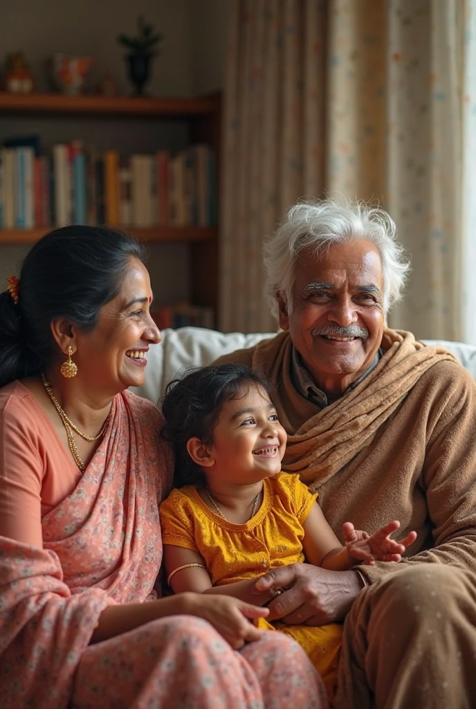 Generate a realistic image of a baby with glasses playing with Indian grandparents of the theme of "the right to see".