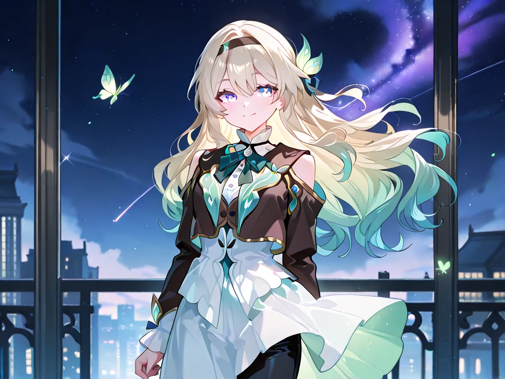 (masterpiece:1.3),((High resolution)),((high quality)),((Super detailed))、One girl、Perfect balance、((upper body:1.5))、(Perfect Face:1.5)、(Detailed face:1.5)、(Perfect in hand:1.5)、（Five fingers:1.5）、(Detailed hands:1.5)、Cute face、beautiful詳細な目、Expressive eyes、Cute eyes、Shiny eyes、Perfect body、beautiful体、honkaiFirefly, fire Fly, (Purple eyes:1.3), Grey Hair, 蝶のhair ornaments, hair ornaments, Hair intake, Long Hair, (Bright Eyes:1.5),  shoes下, 青色のdress, 青色のshoes下,((Large Breasts)) ((Orange ribbon:1.5))、dress, shoes, shoes下, ツートーンdress, ツートーンshoes下, ホワイトdress, Long sleeve, hair band, (head shot)、Embarrassing、blush、beautiful女の子、Cute face、beautiful顔、Cute face、beautiful、Best Quality、Good anatomy、((smile:1.5))、((Super detailedな背景)), Outdoor, Day, blue sky, ((Meteor shower sky:1.1))、Sky Light , Mistress Pose, ((8K Wallpaper)) , Watching the audience, Moody lighting, In-person audience