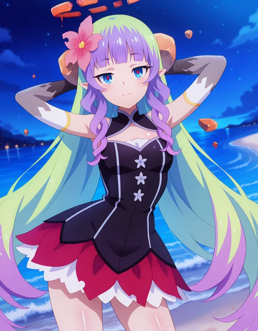 anime screencap, masterpiece, drill sidelocks, blunt bangs, multicolored hair, very long hair, blue eyes, red pupils, pointy ears, hair flower, hair ornament, broken halo, bare shoulders, black dress, cleavage cutout, elbow gloves, layered skirt, shiny skin, solo, night sky, beach, hands behind head, ((contrapposto)), closed mouth, cowboy shot, looking at viewer, smile, best quality,
