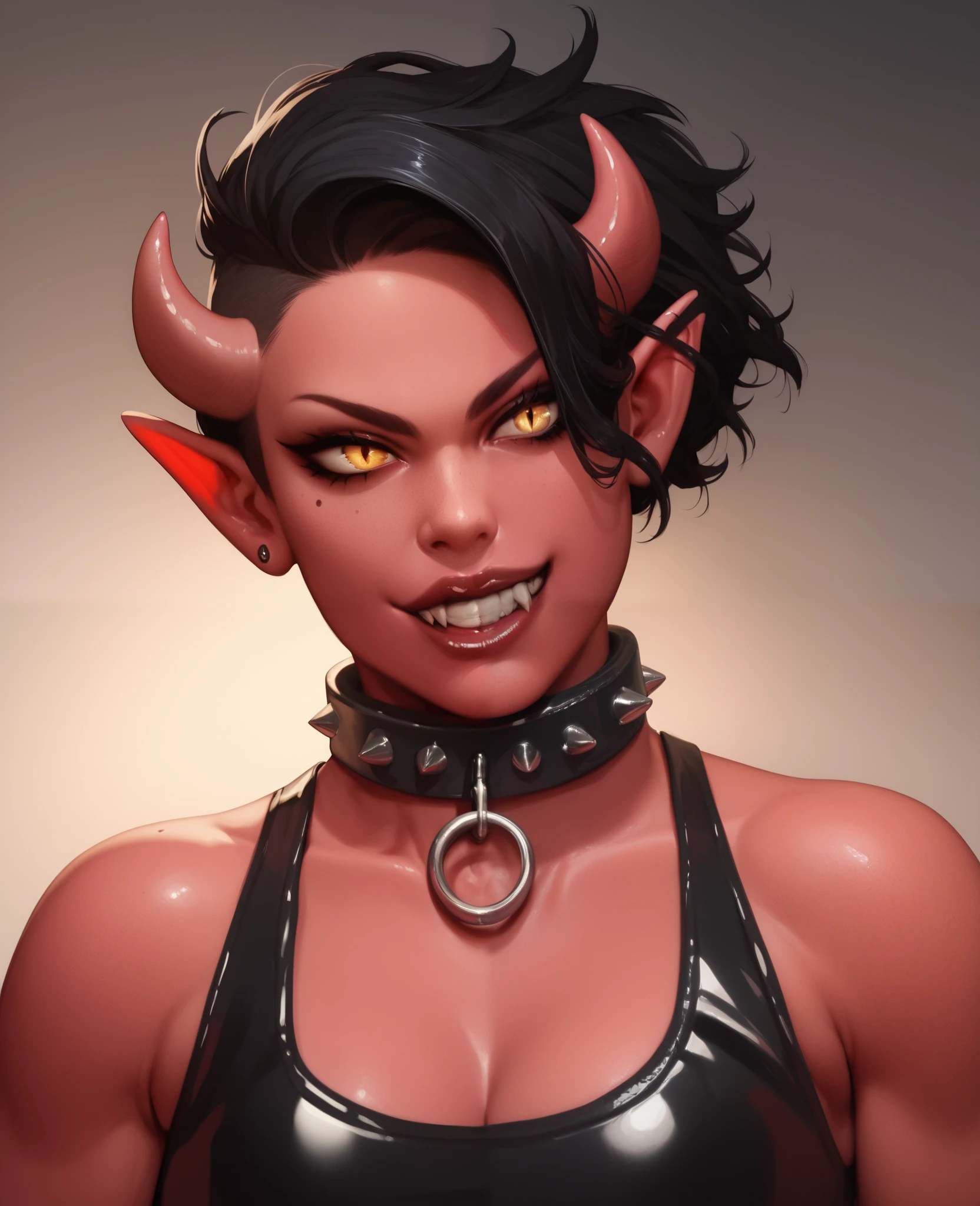 Female demon , red skin,  Short black hair , musculosa, Rock Spike Collar, wearing a provocative latex outfit, to look provocative.
