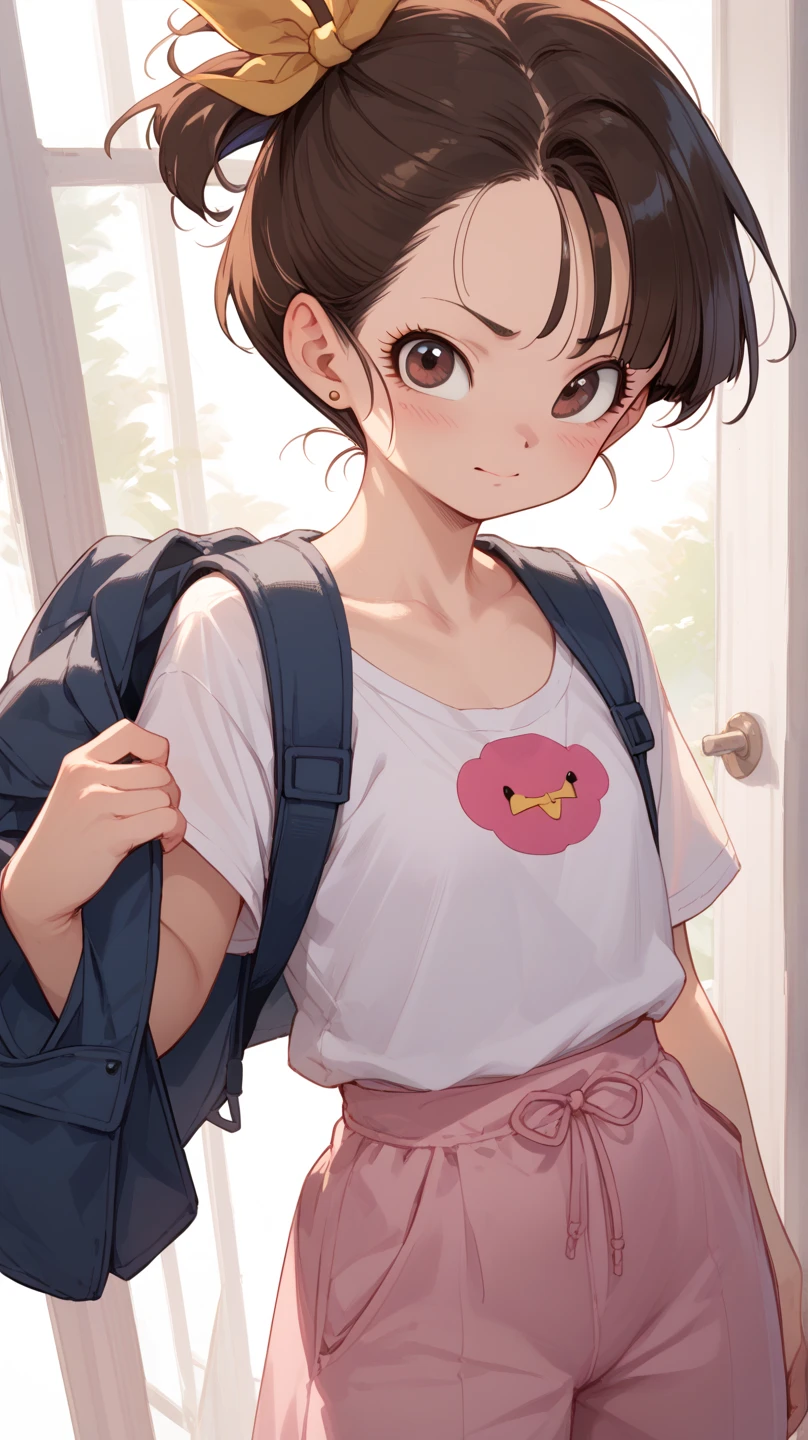 Attractive junior idol cute，Little Girl１people々、cute、Baby Face，Very young、smile、blush、short hair、He is short、Thin thighs，Denim skirt、school bag、Children swear、Flat Chest，sneakers、White socks、ribbon、From below White thighs 