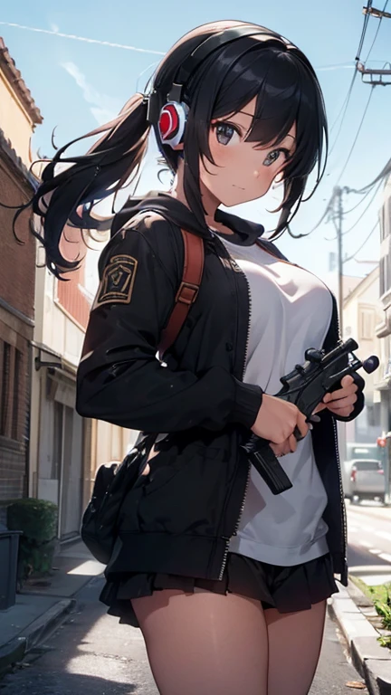 (((masterpiece))),(((High resolution)))、(((8K quality)))、(((perfect face)))、(((woman having the rifle))), ((panty)), look at the camera, ((top quality eyes)), detailed texture
