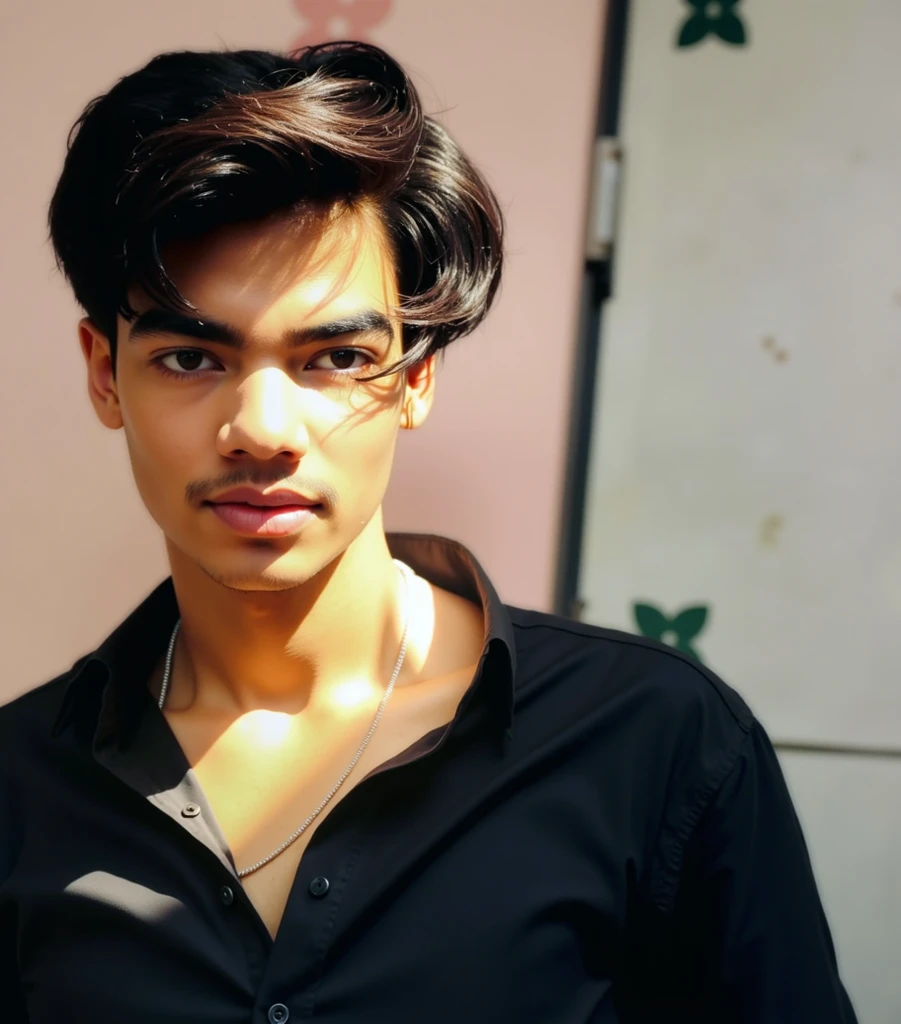 A 20 years old Indian boy wearing red t shirt , he is handsome , fair skintoned
He is talking to someone on touch screen phone
Please provide cartoon style image and full body wide image