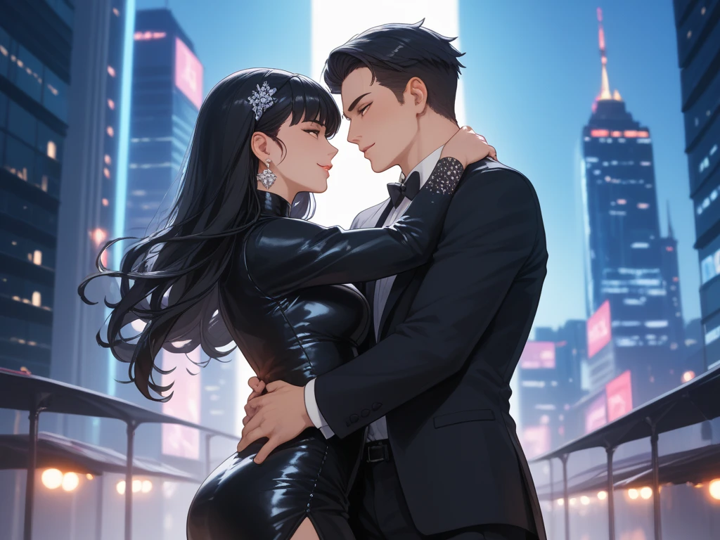 (Tabletop, Digital Art, digital illustration, 4K, 8k, Very detailed, Beautiful images, Clear images, Realistic, RAW Photos, Perfect Face, Perfect Lines, Perfect Eyes, Soft lighting) 1 female, (Long dark pink hair,Straight hair,Bullish expression,Beautiful woman,suit,Solid makeup,Medium breast、23-year-old female,:1.3),secretary, Two handsome men in suits, (human,Man in suit,Muscular,Strong shoulder width, human,Boyish hairstyle,Dark Blue Hair,English gentleman&#39;style,A man in his 30s with a cool expression,A 28-year-old man with a bright smile:1.2),Moonlit Night、City of night、Moon and light、illumination、Couple、couple kissing、Romance、romance porn、look at each other、Embrace each other