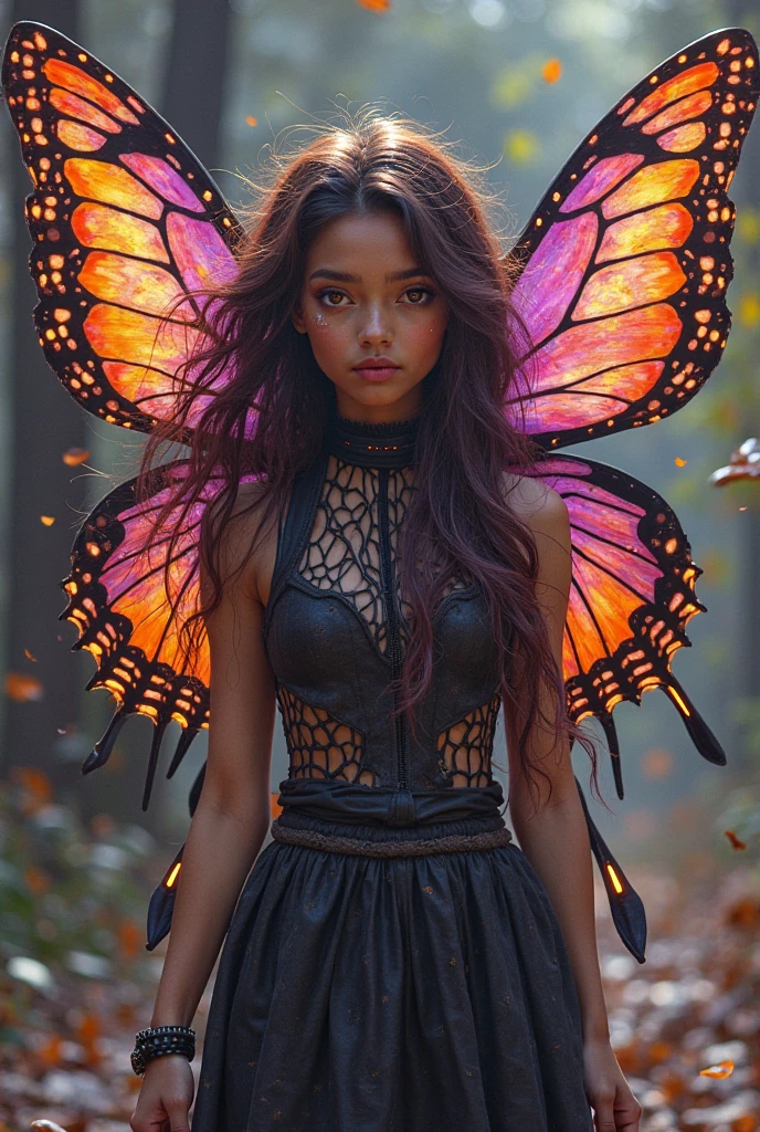 Korean butterfly woman with purple hair wearing a 2000s themed outfit with red, yellow, and brown feathered clothing and shiny brown butterfly wings, partying in a forest at night in a cabin with pine trees.