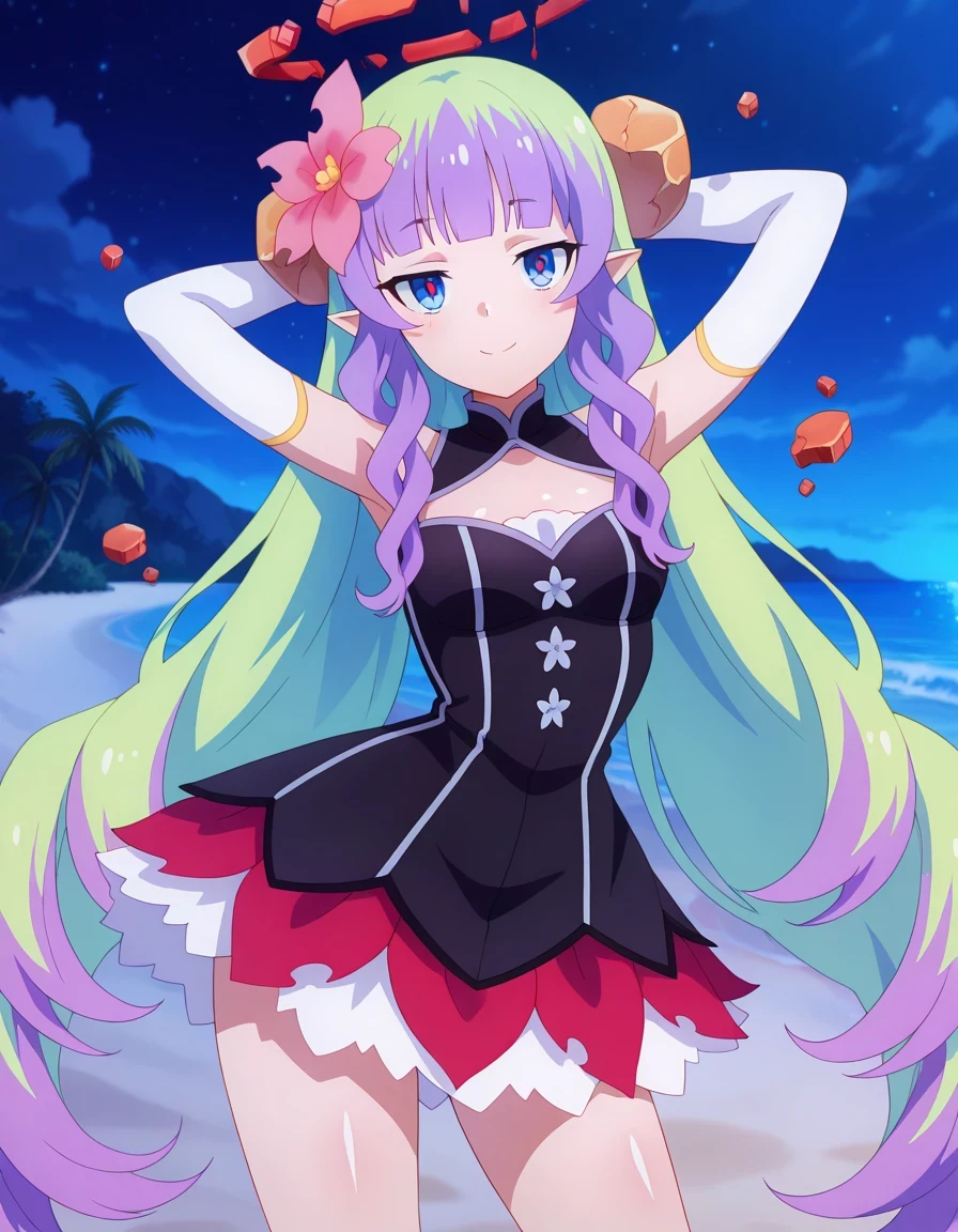 anime screencap, masterpiece, drill sidelocks, blunt bangs, multicolored hair, very long hair, blue eyes, red pupils, pointy ears, hair flower, hair ornament, broken halo, bare shoulders, black dress, cleavage cutout, elbow gloves, layered skirt, shiny skin, solo, night sky, beach, hands behind head, ((contrapposto)), closed mouth, cowboy shot, looking at viewer, smile, best quality,
