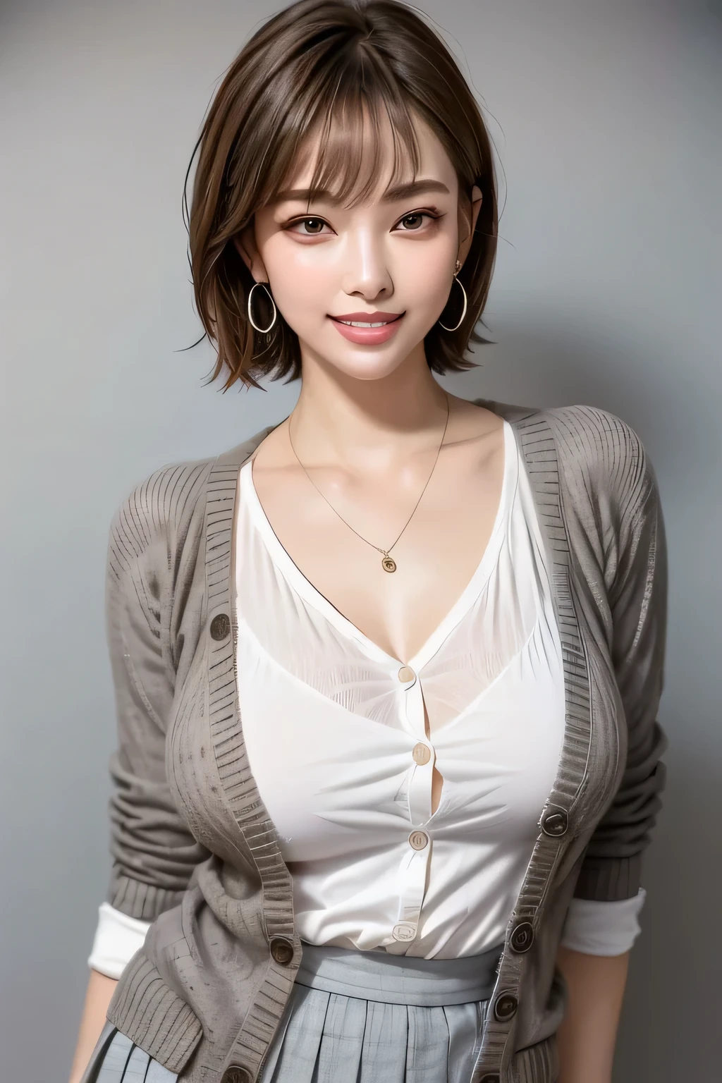 (Top Quality, masterpiece, formal, Key Light:The front is at a 45 degree angle , Auxiliary Light、backlight), accurate human body、Knowledgeable person, (Shine肌, realistic skin texture 、 beautiful skin details 、 Growing Skin 、 Growing Skin ), (Female 1), (Completely:1.2), grin,( shiny clothes with visible wrinkles :1.2), Shine, ( earrings), necklace, Attractive and perfect ratio, Attractive笑顔, fine surface texture , Attractive、 Short hair、 wear a cardigan over a white shirt、 Wear a gray pleated skirt, Big Breasts, ((background: Nothing))