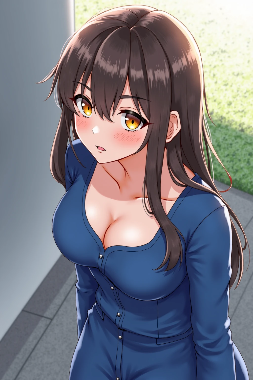 (beautiful detailed eyes:1.5, beautiful detailed face:1.2, beautiful detailed hair), Murrue Ramius, a woman, red eyes, blush, milf, wife, sexy, Curvy, (brown hair, long hair, bangs), (sagging large breasts:1.5), (negligee:1.5, no bra), arms behind back, upper body, standing, (Perfect detailed ???????, beautiful detailed hair, perfect female body:1.2, shiny skin), (thick outline, Beautiful outlines, black outlines), simple background:1.5
