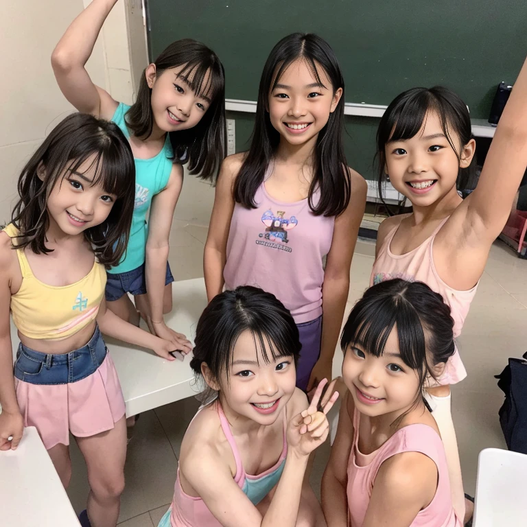 Teen girls、in class room、innocent smiles、Transparent competitive swimsuit、chum、With a plump female teacher、